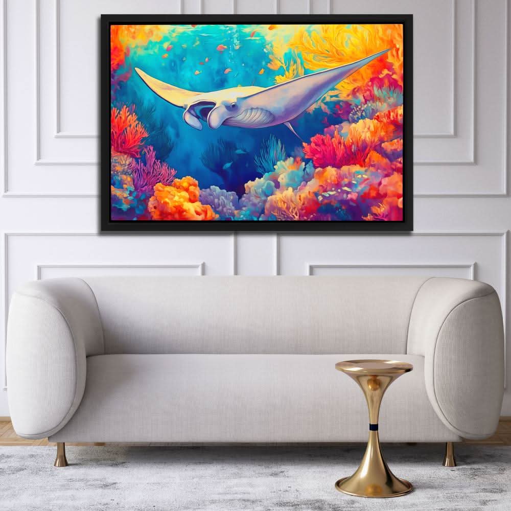 Golden Tide Manta Ray - Coastal Wall Art in Black Frame