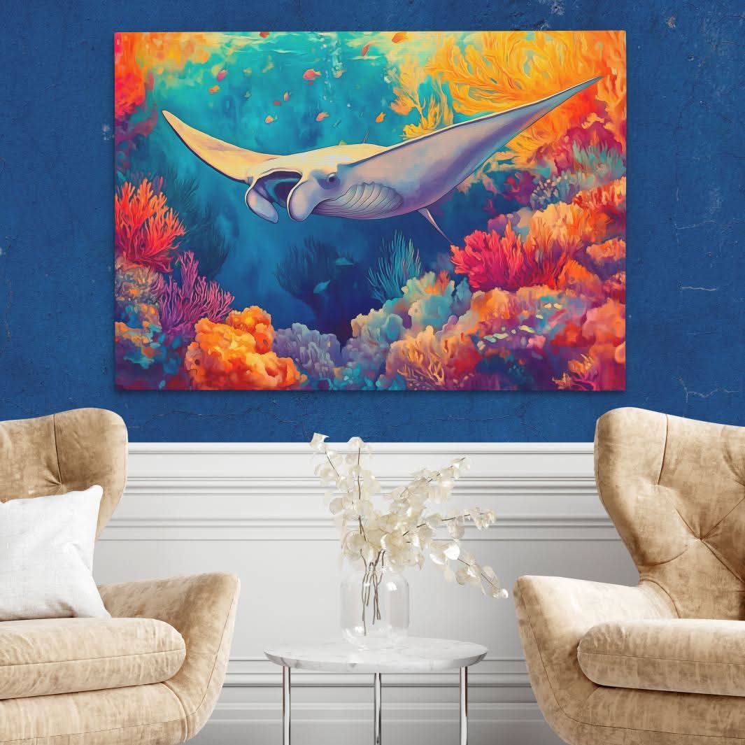 Golden Tide Manta Ray - Blue Wall Art for Living Room