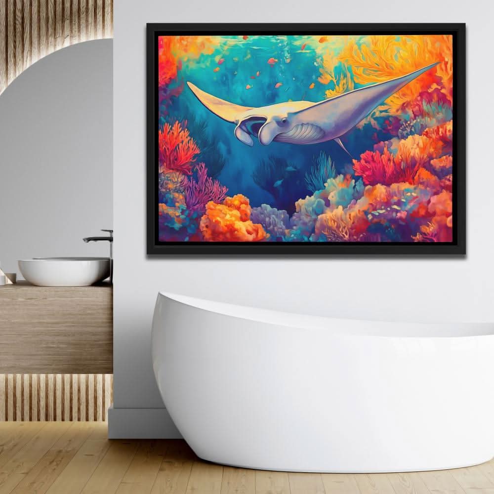 Golden Tide Manta Ray - Wall Art in Black Frame