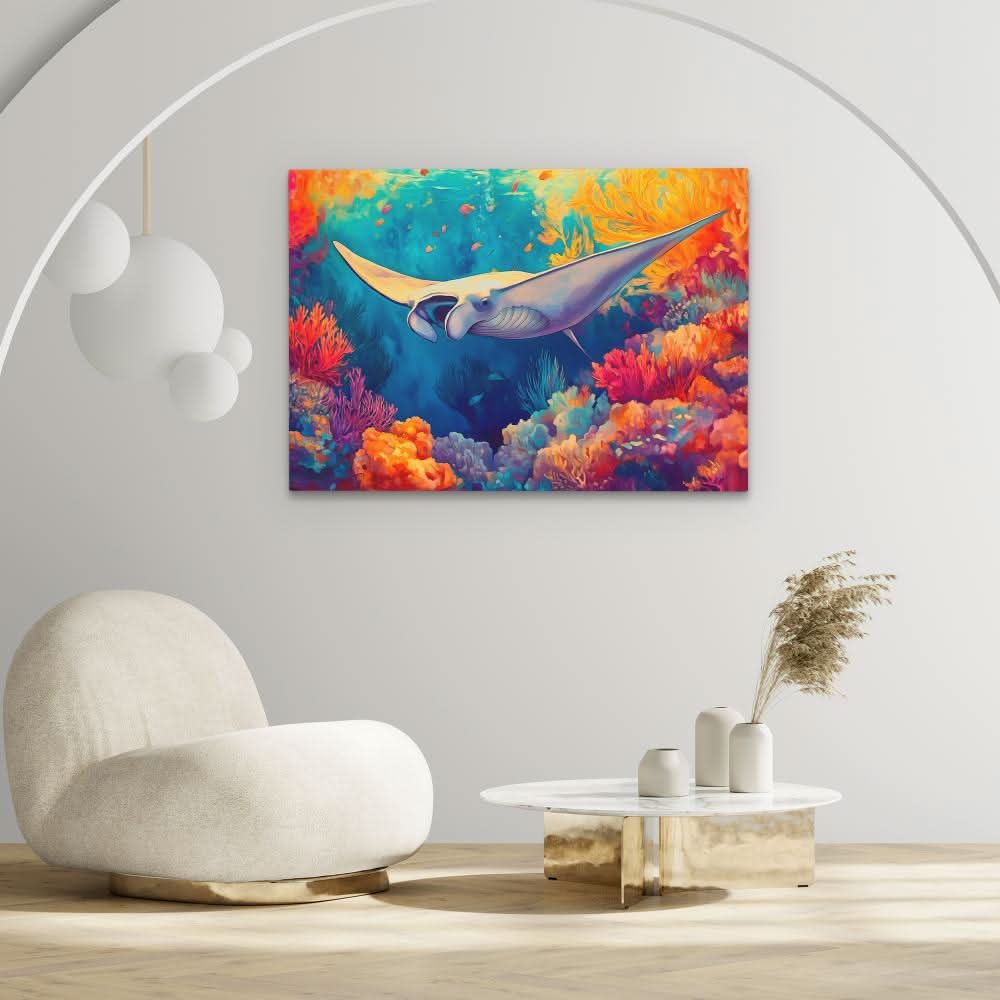 Golden Tide Manta Ray - Blue Coastal Canvas Print