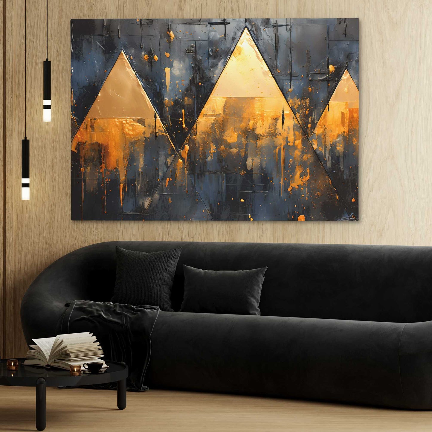 Golden Triad - Abstract Wall Art in Black Frame