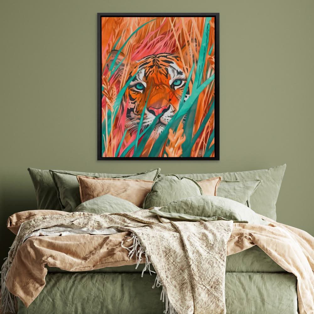 Grassy Tiger - Modern Wall Art in Black Frame