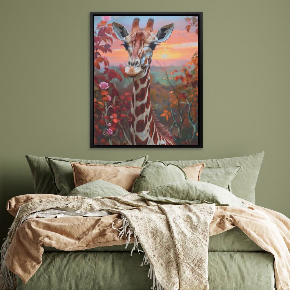 Grazing Giraffe - Giraffe Wall Art in Black Frame