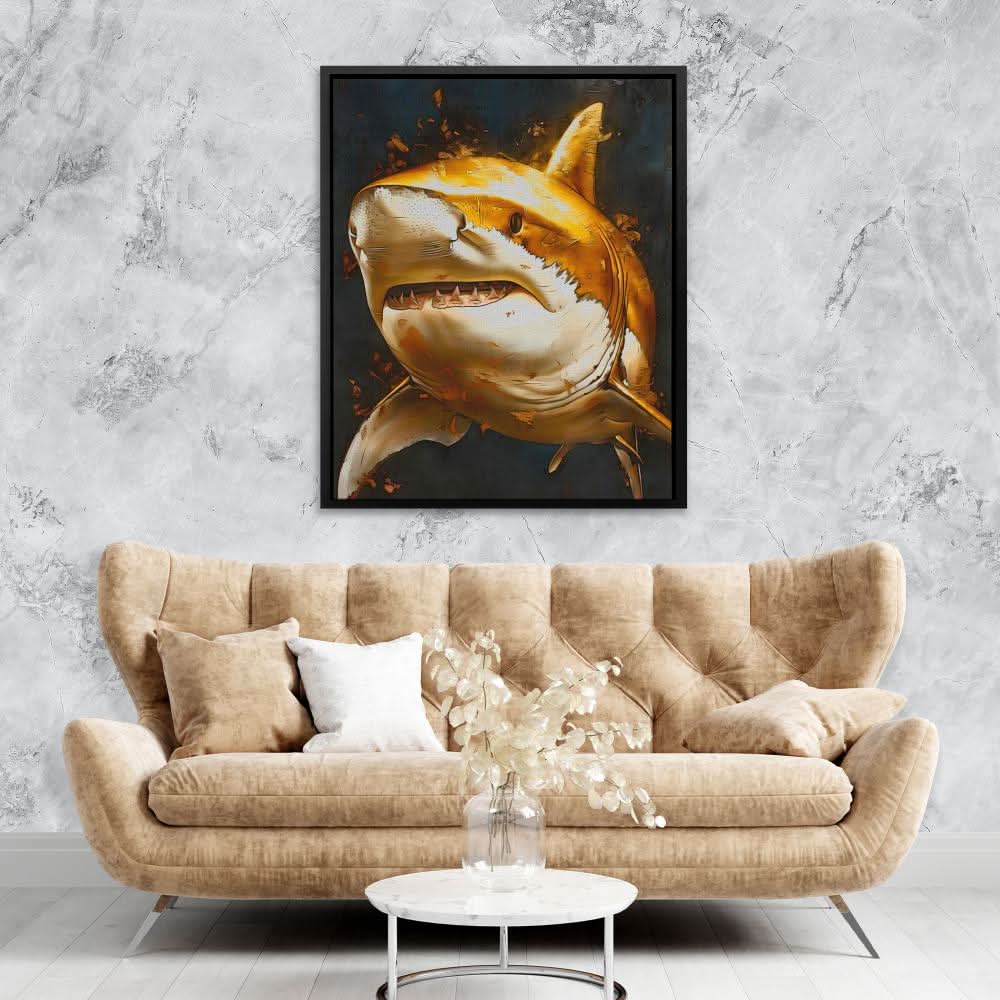 Great Gold Shark - Wall Art in Black Frame