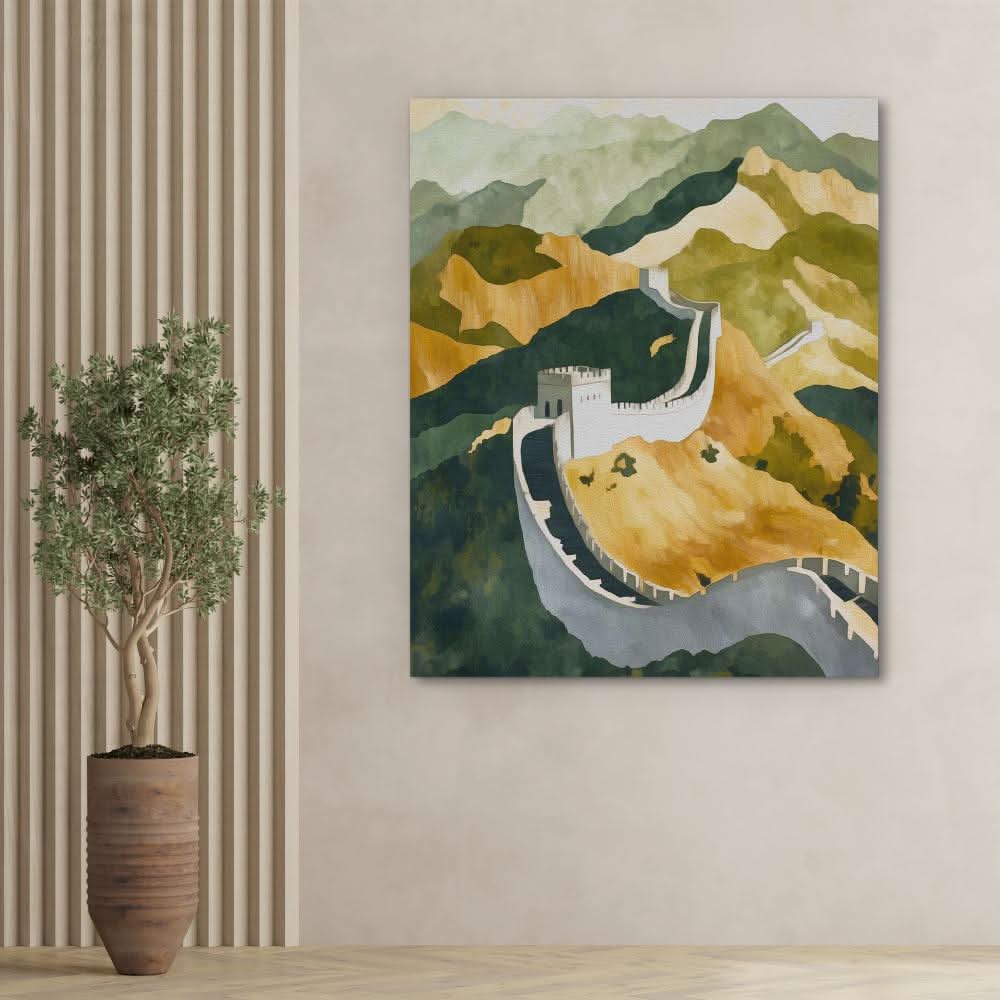 Great Wall in Golden Light - Beige Wall Art for Home Office