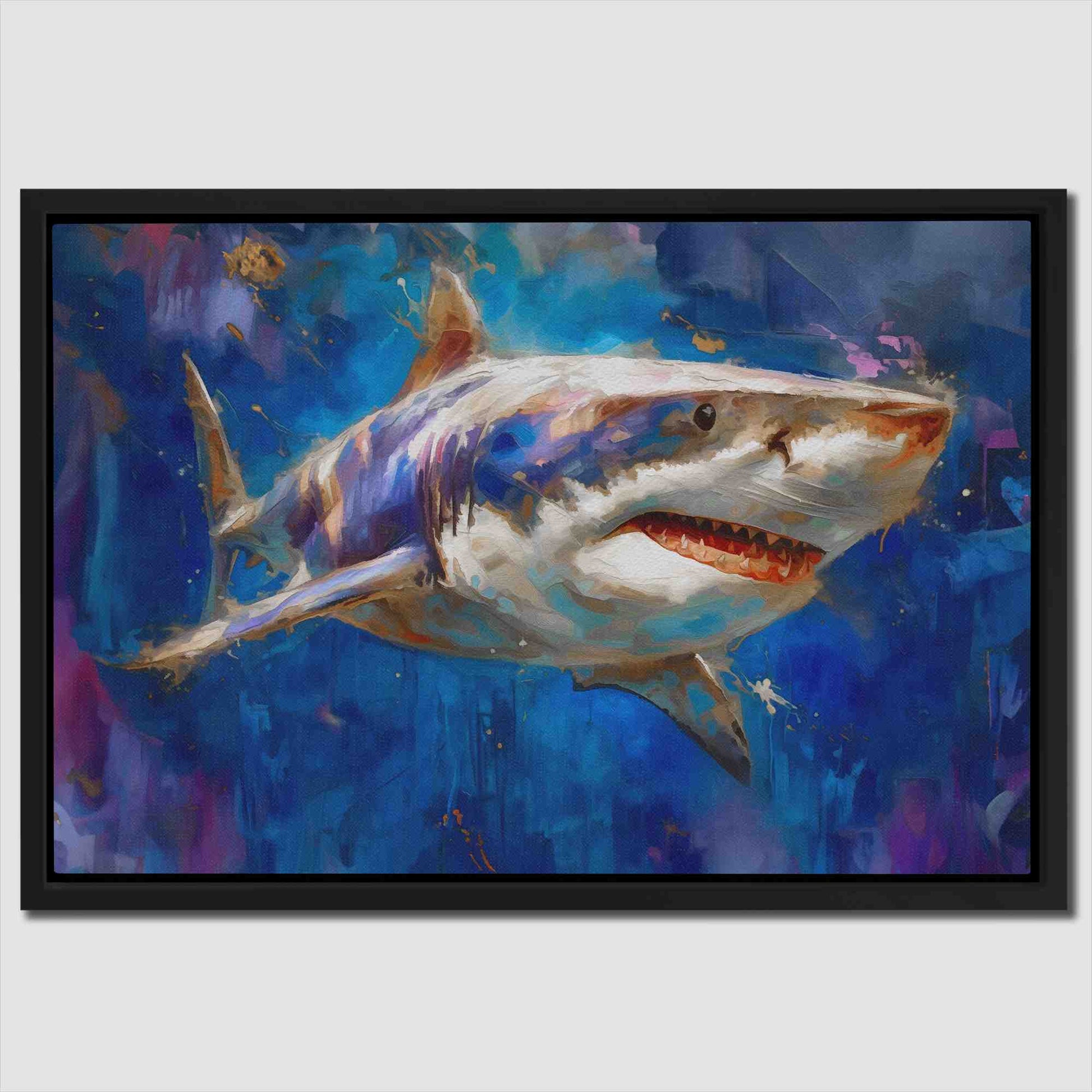 Great White Watercolor - Blue Horizontal Canvas Print