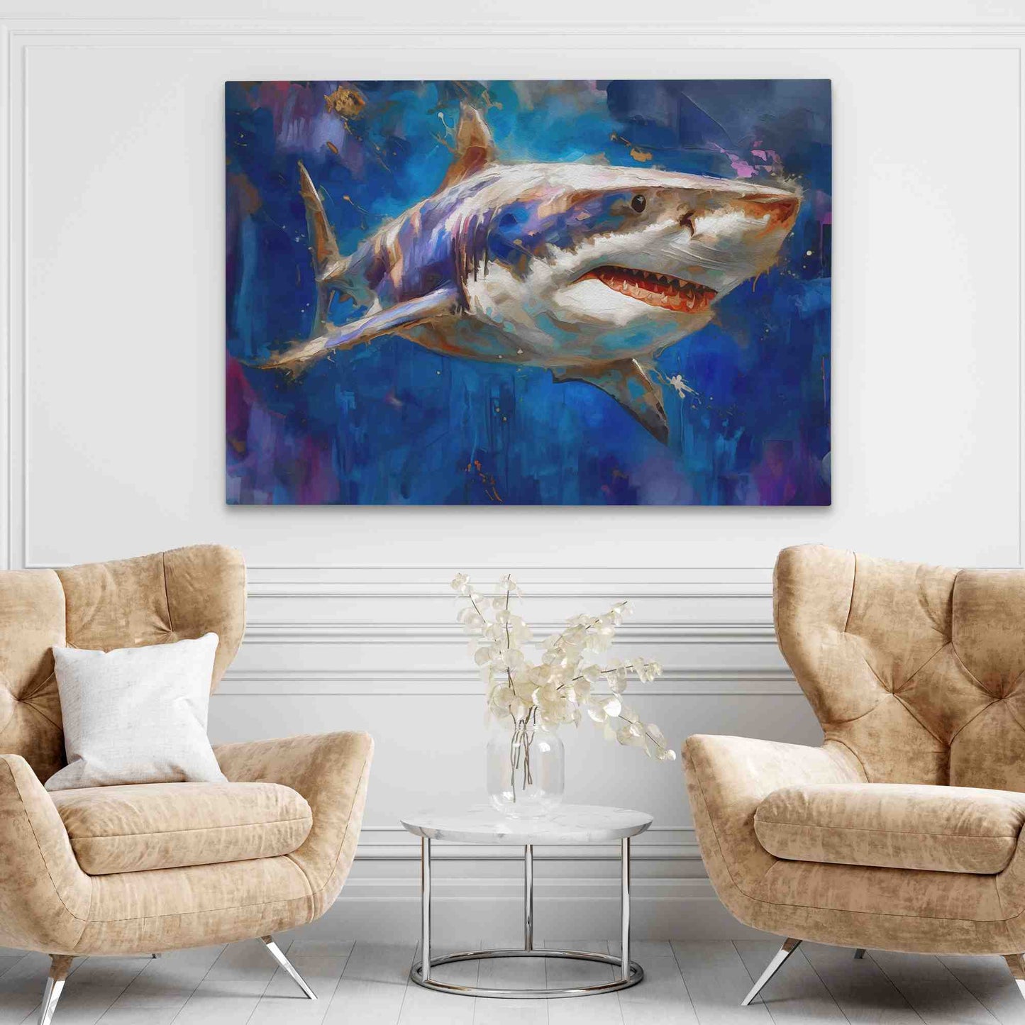 Great White Watercolor - Large Watercolor Canvas Print