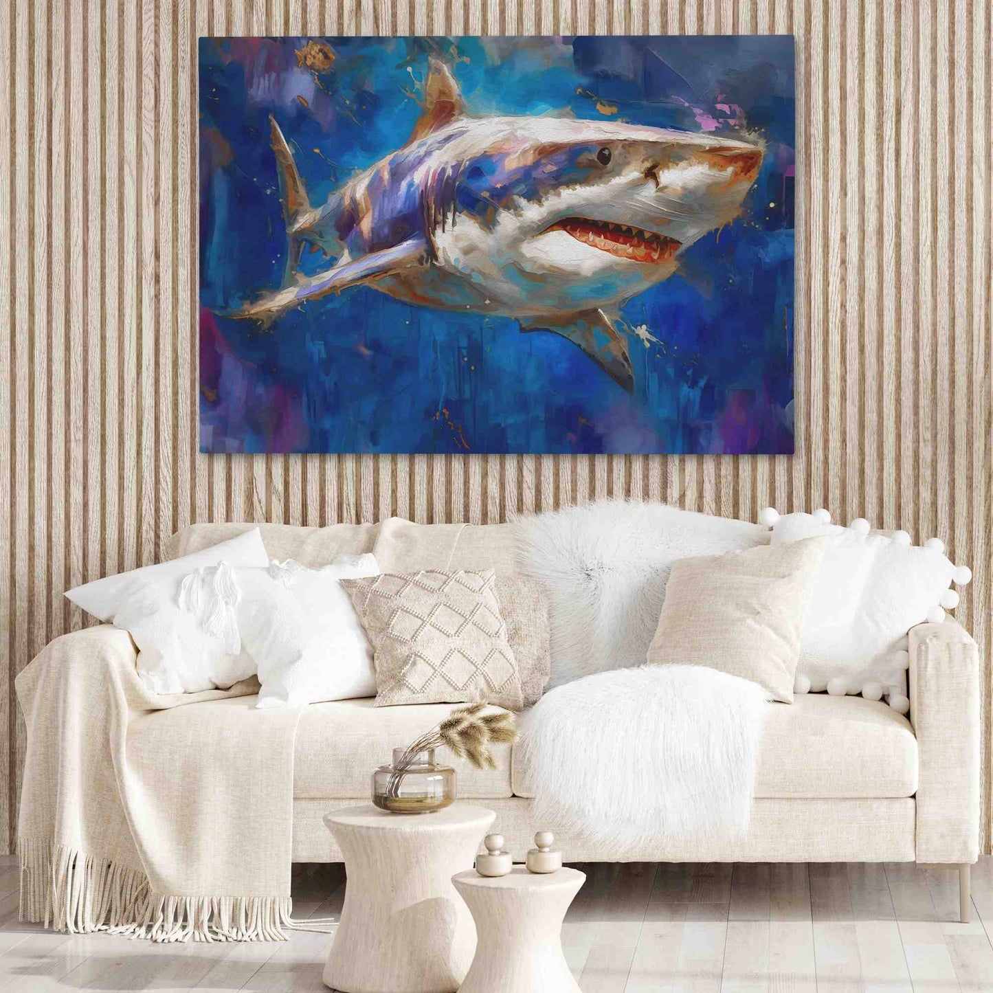 Great White Watercolor - Blue Wall Art