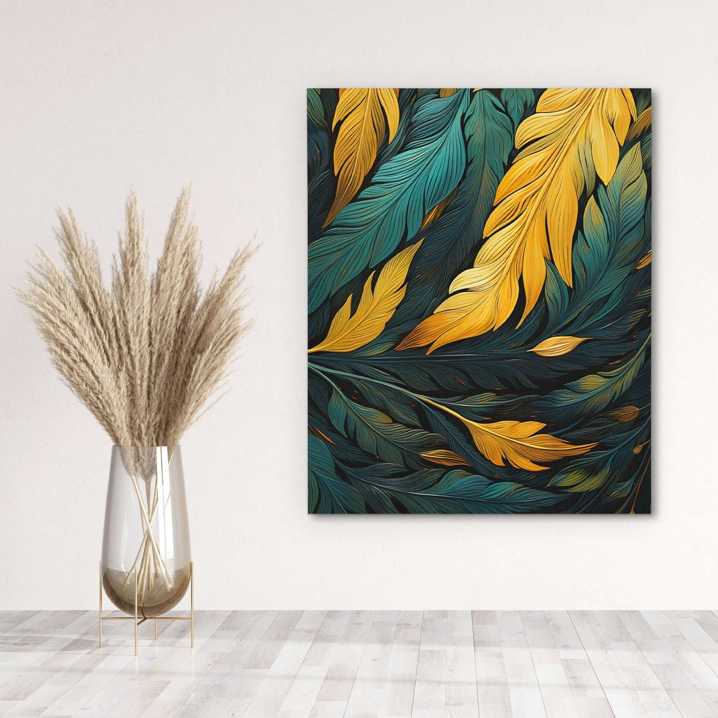 Green and Gold Feathers - Abstract Wall Art in Black Frame