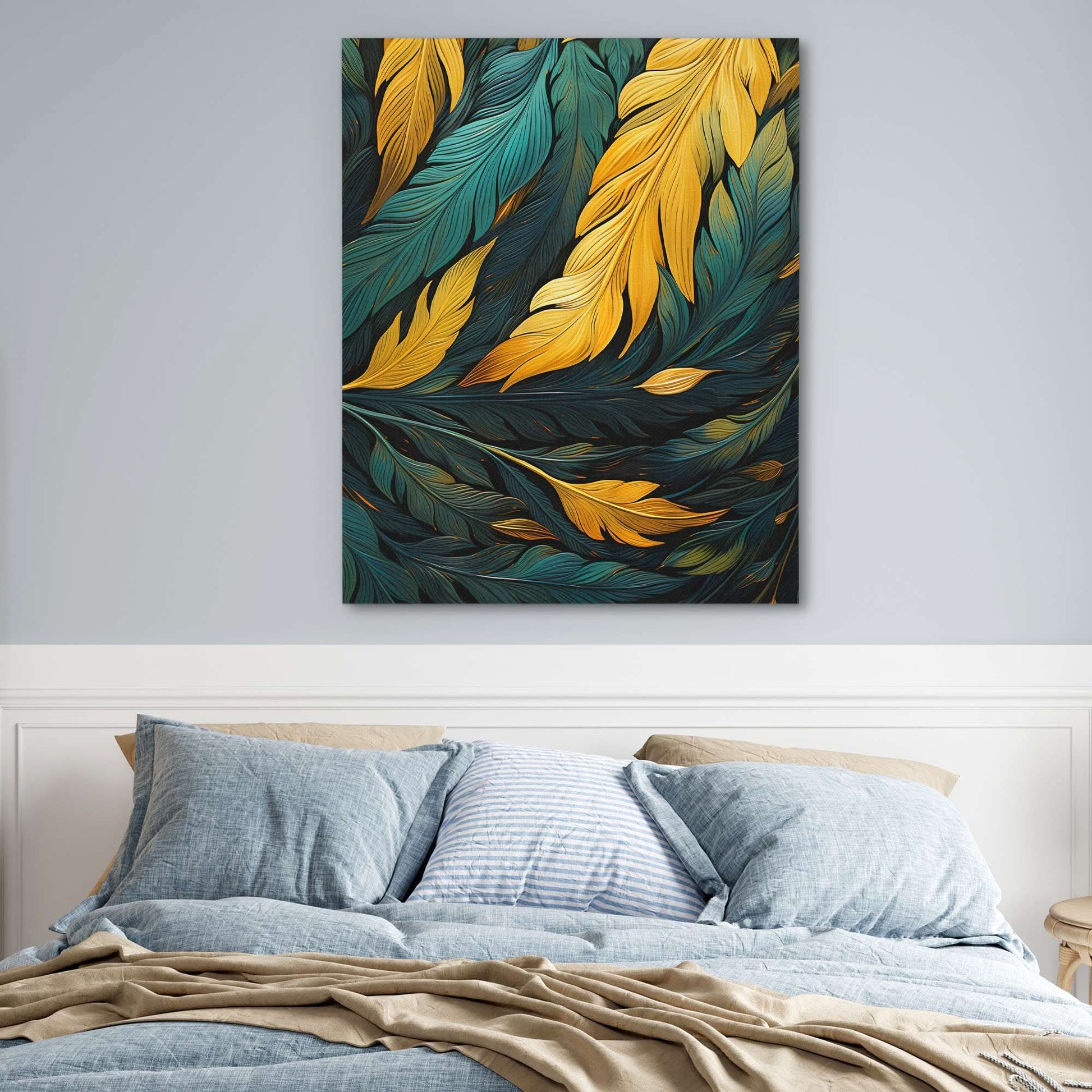 Green and Gold Feathers - Feathers Wall Art in Black Frame