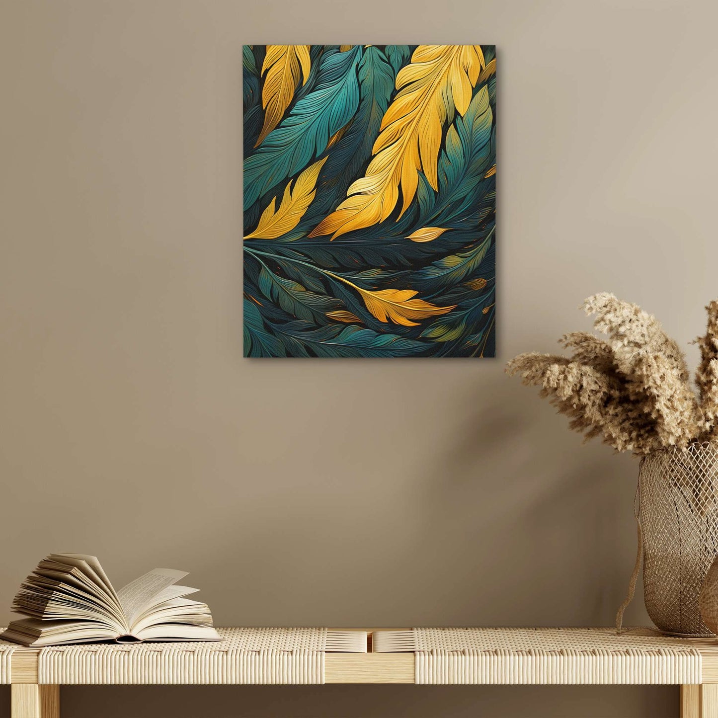 Green and Gold Feathers - Abstract Gold Canvas Wall Art