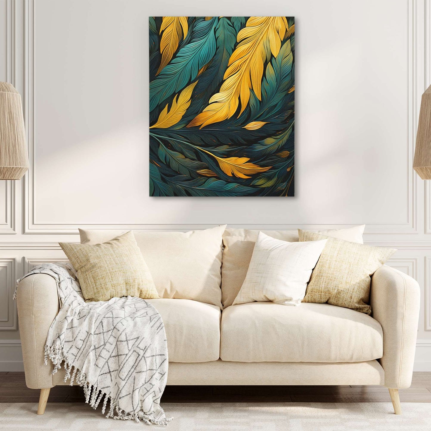Green and Gold Feathers - Gold Wall Art