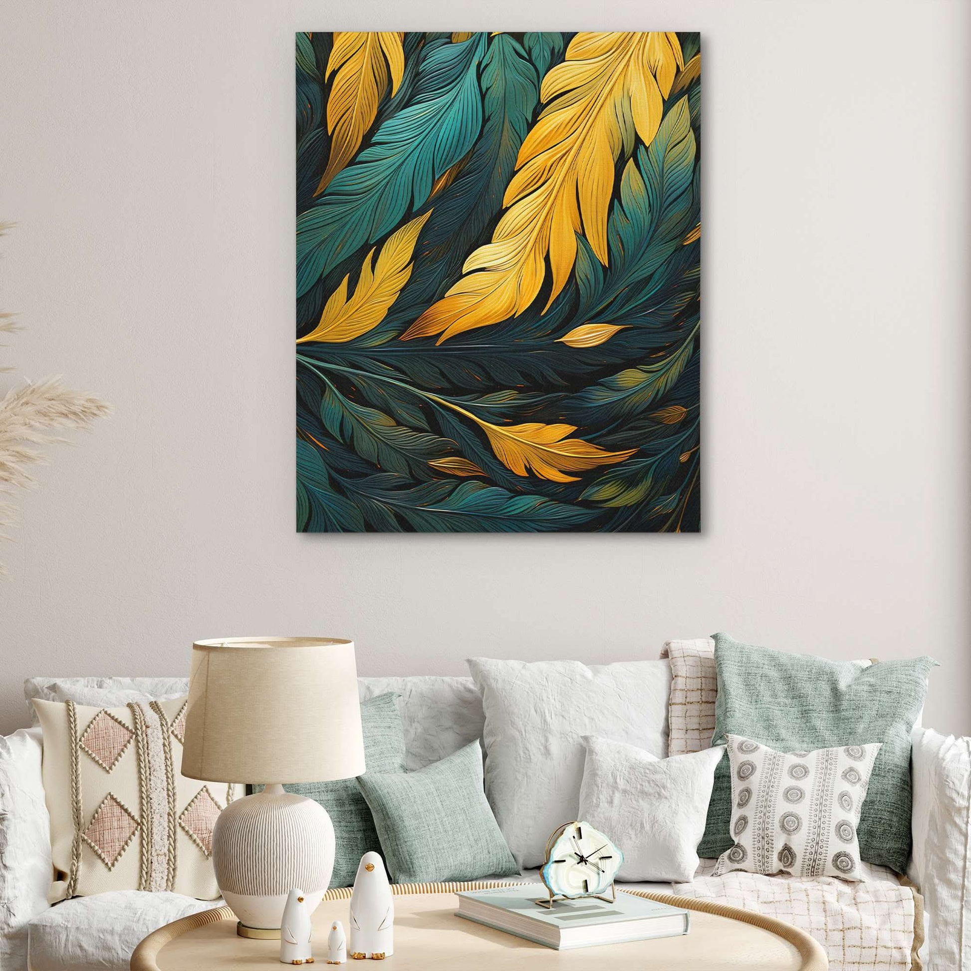 Green and Gold Feathers - Large Abstract Canvas Print
