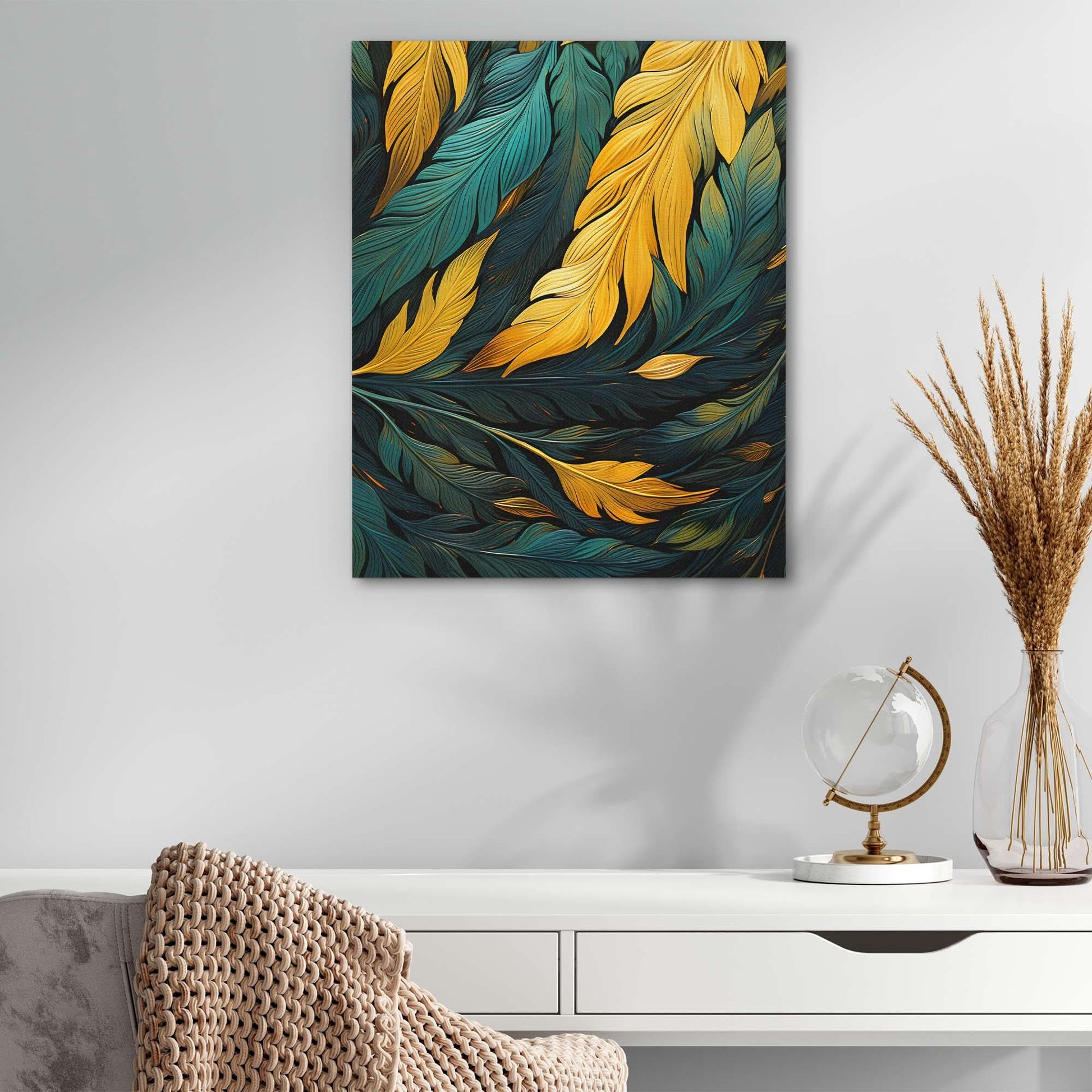 Green and Gold Feathers - Gold Feathers Canvas Print