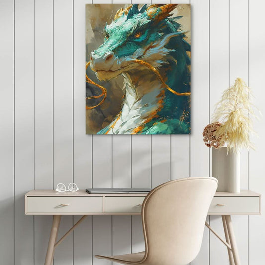 Green Chinese Dragon - Fantasy Wall Art in Black Frame