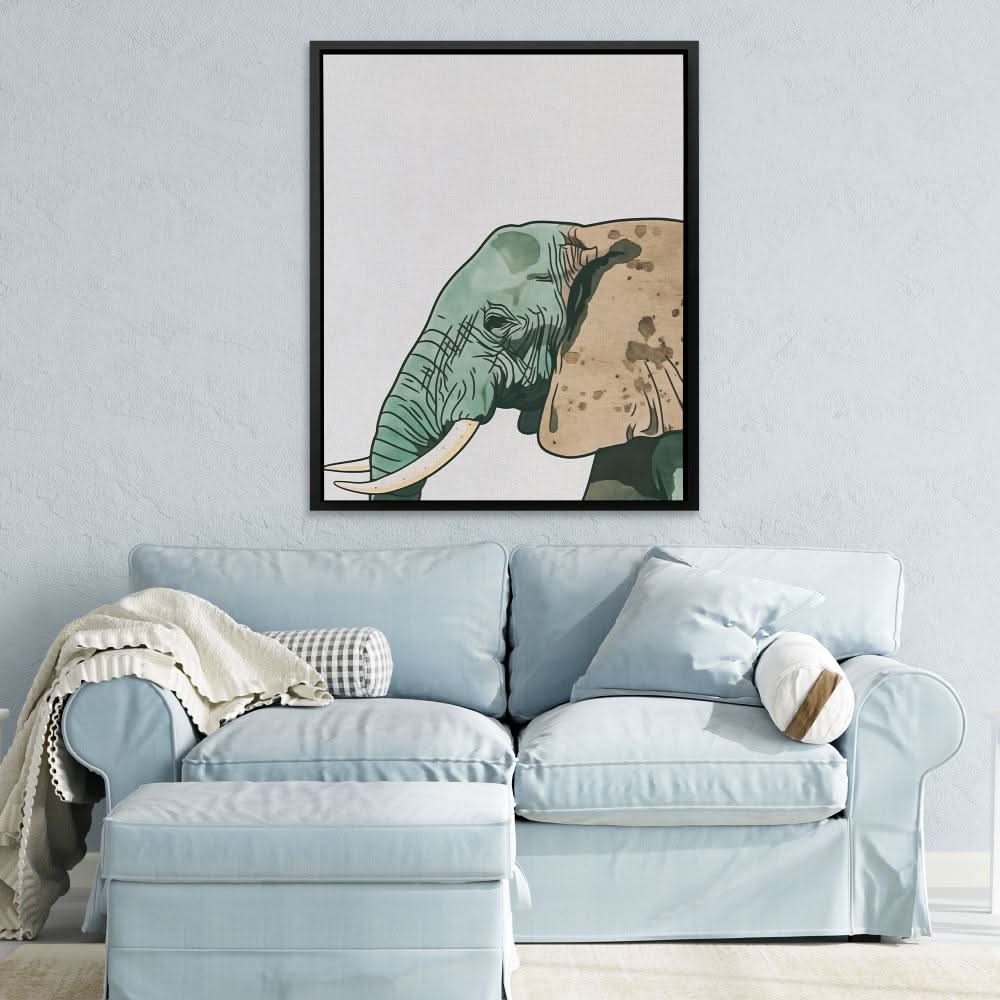 Green Elephant - Elephant Wall Art in Black Frame