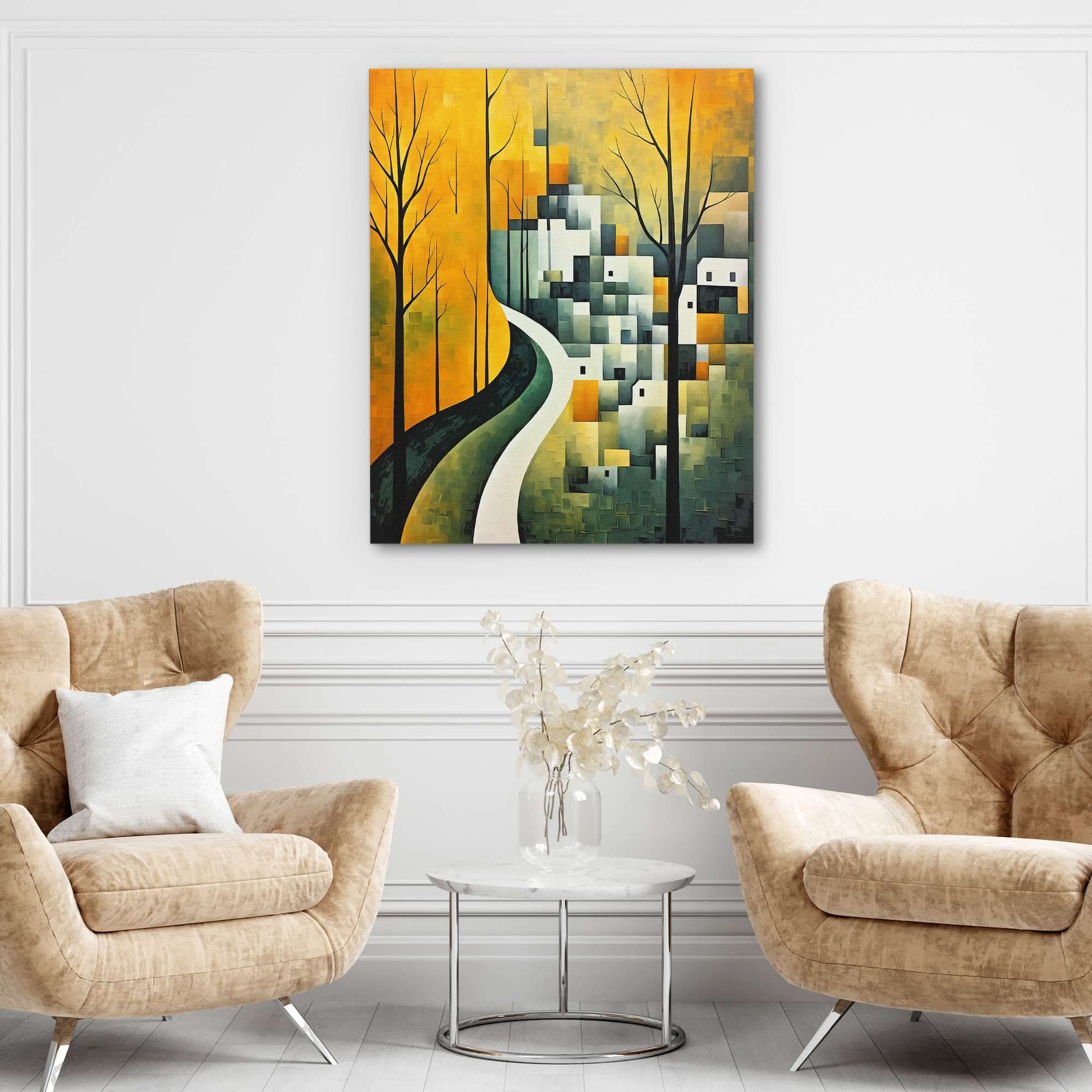 Green Houses - Earth Tones Cubism Canvas Print