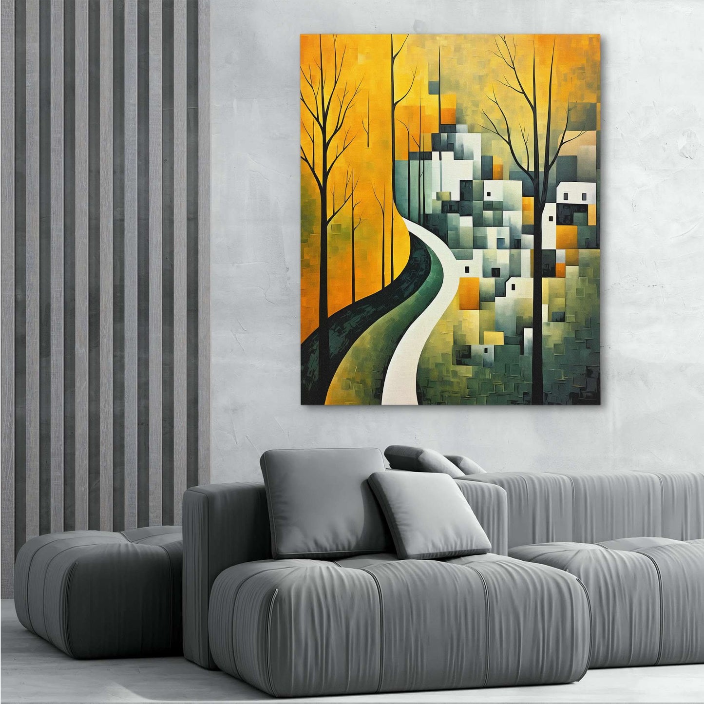 Green Houses - Cubism Wall Art in Black Frame