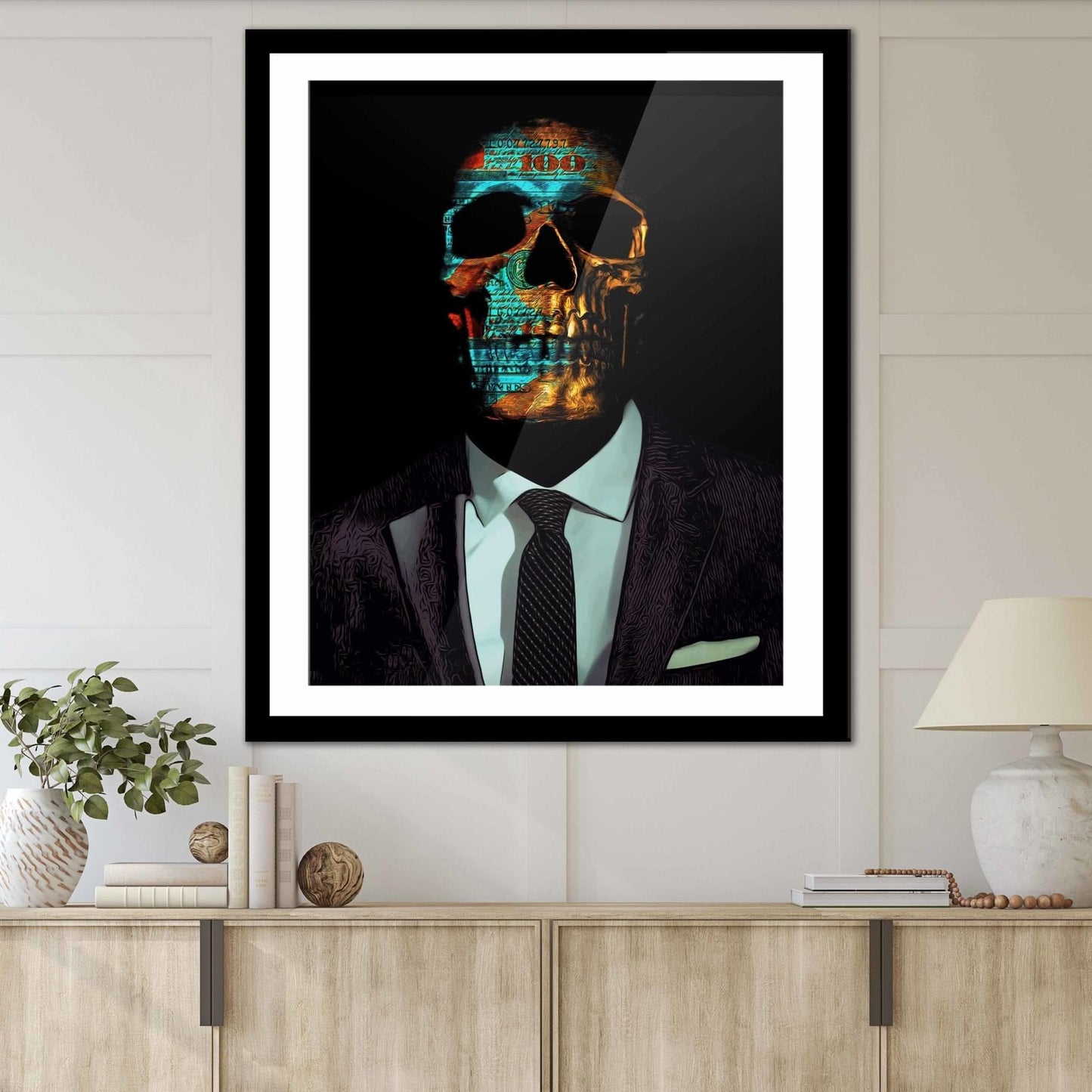 Green Money Skull Semi-gloss Print - Macabre Canvas Wall Art