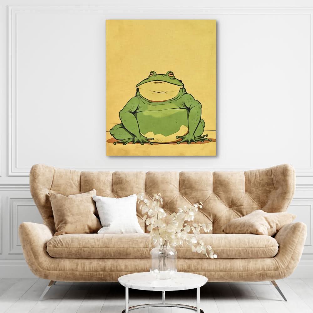 Green Ponderer - Frog Wall Art in Black Frame