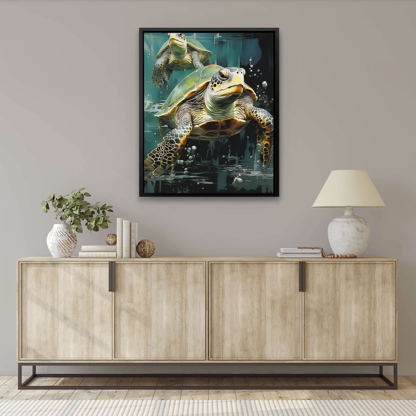 Green Turtles Swimming - Wall Art in Black Frame