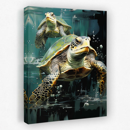 Green Turtles Swimming - Animals Canvas Wall Art