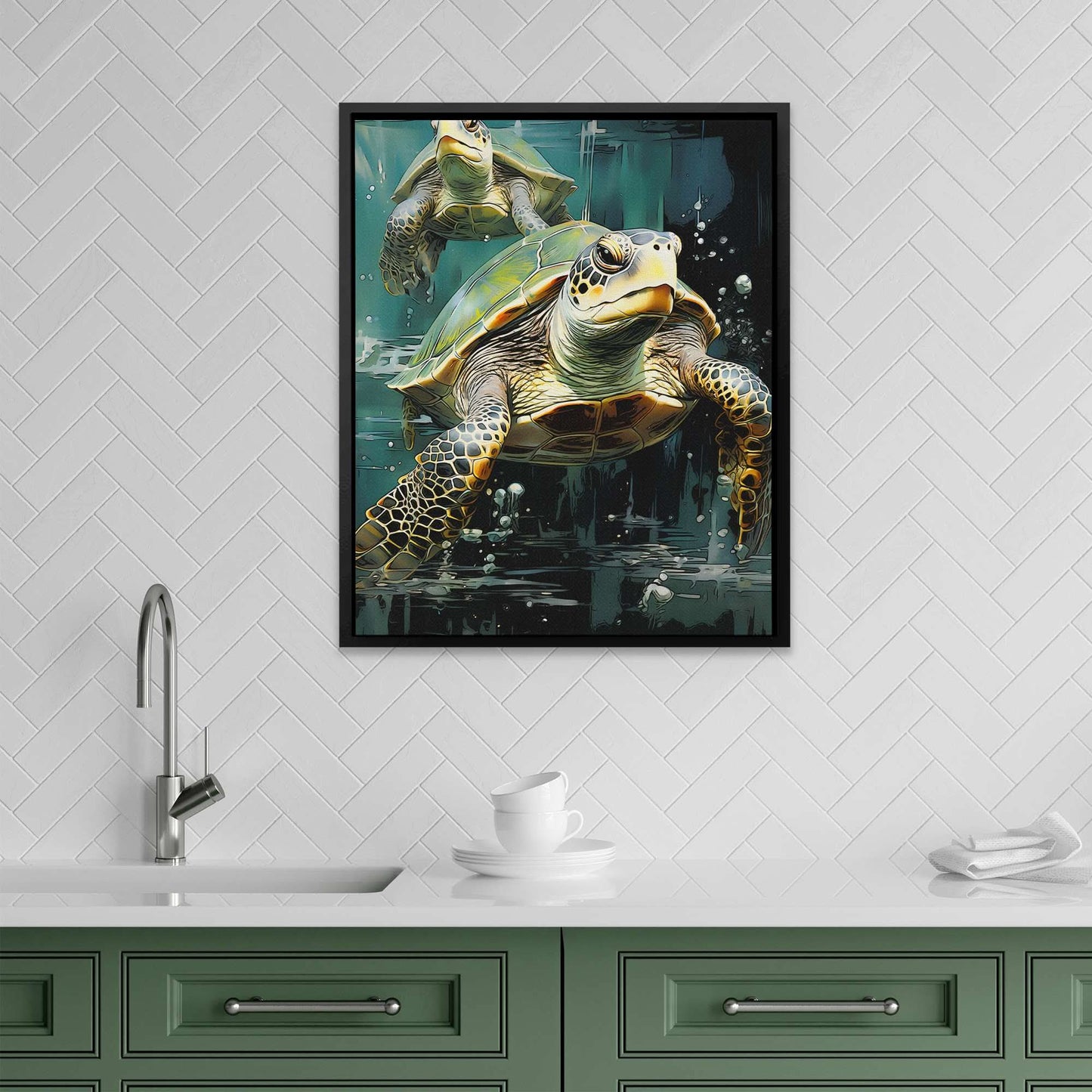Green Turtles Swimming - Green Canvas Wall Art