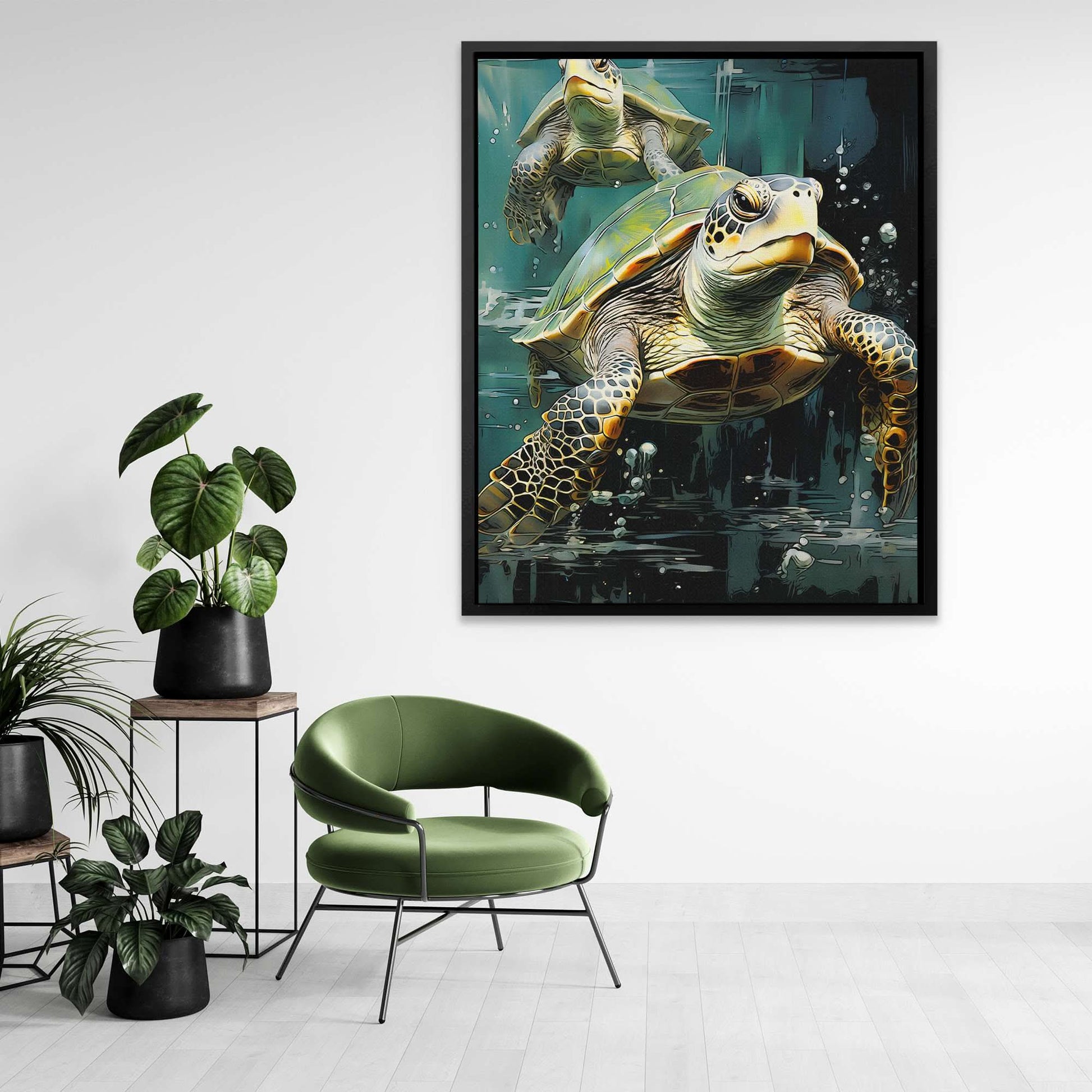 Green Turtles Swimming - Oceanic Wall Art in Black Frame