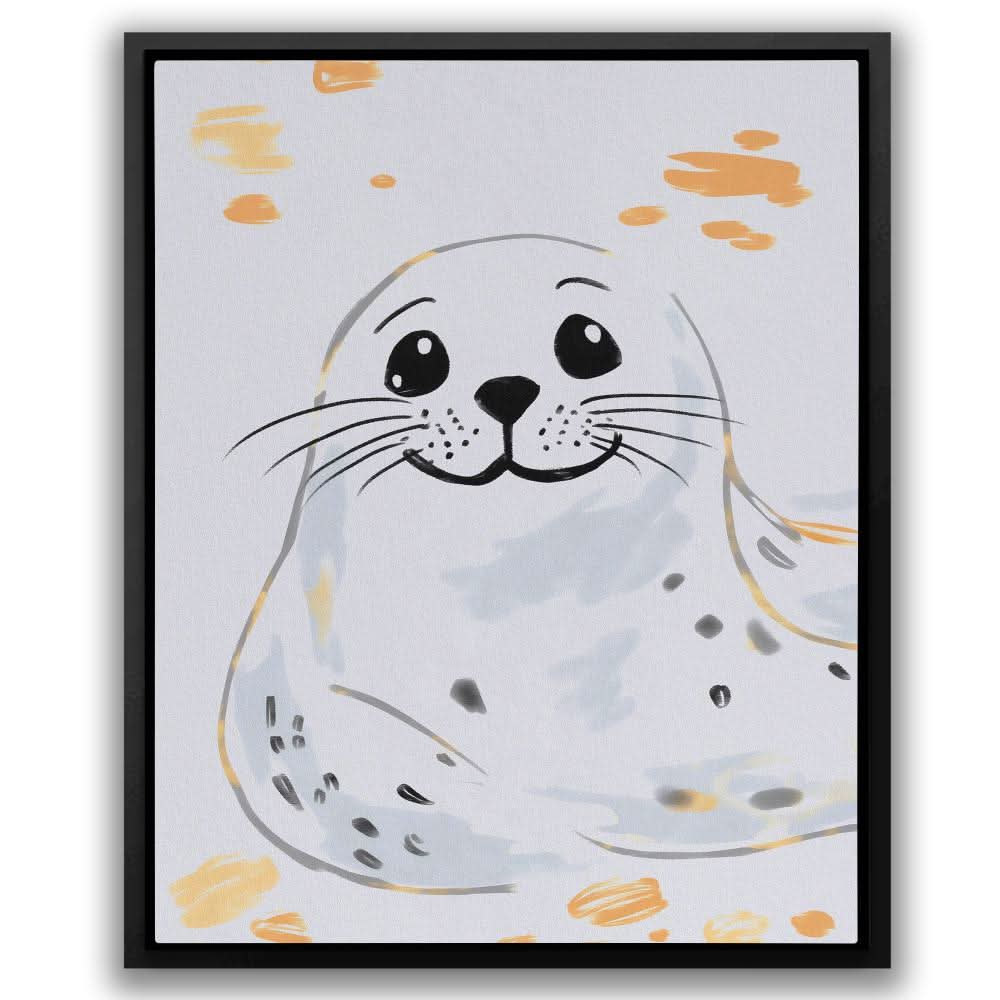 Grey and White Seal - Black and White Wall Art in Black Frame