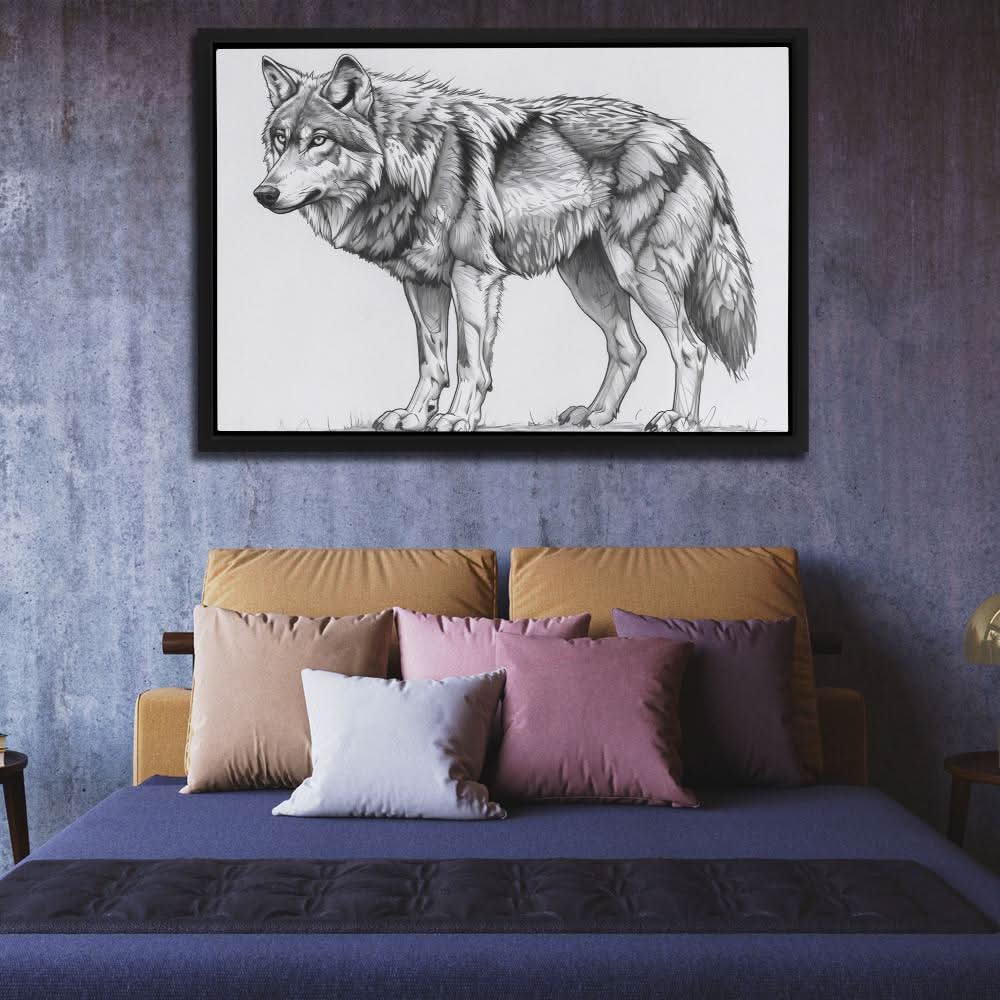 Grey Wolf - Black and White Wall Art in Black Frame