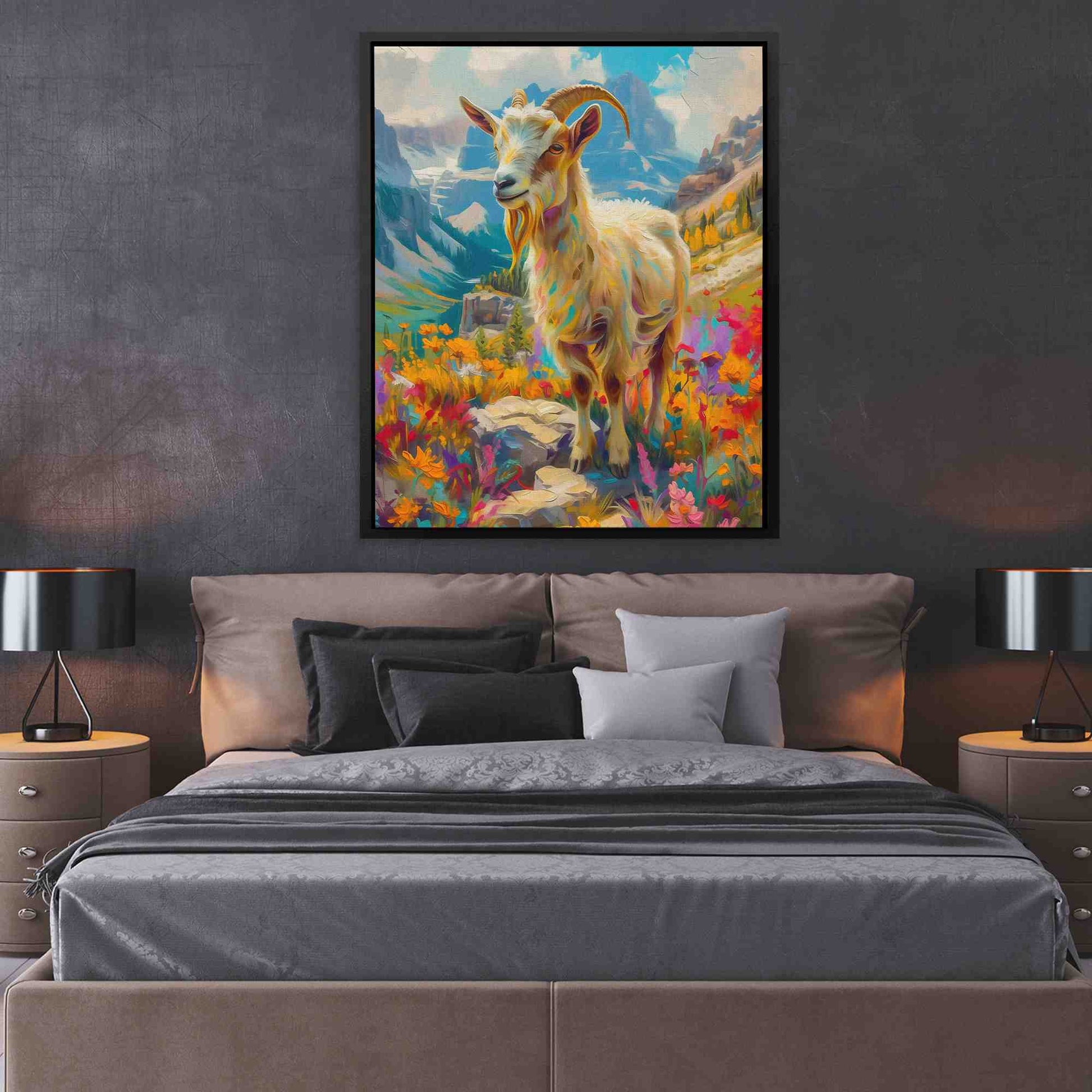 Happy Mountain Goat - Impressionist Wall Art in Black Frame