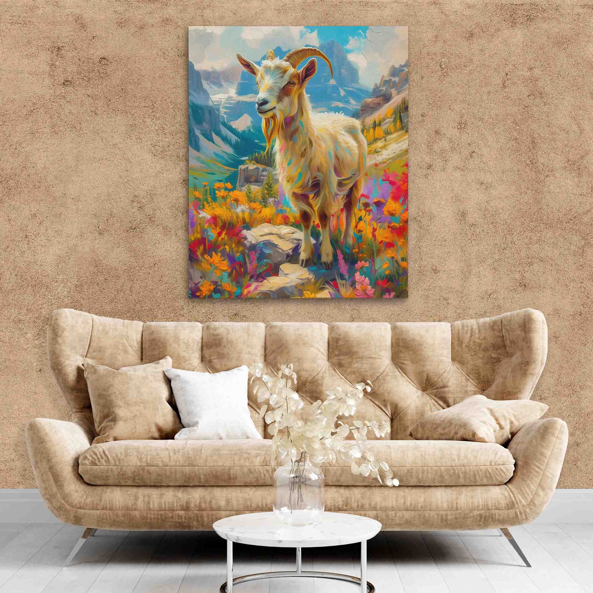 Happy Mountain Goat - Floral Wall Art in Black Frame
