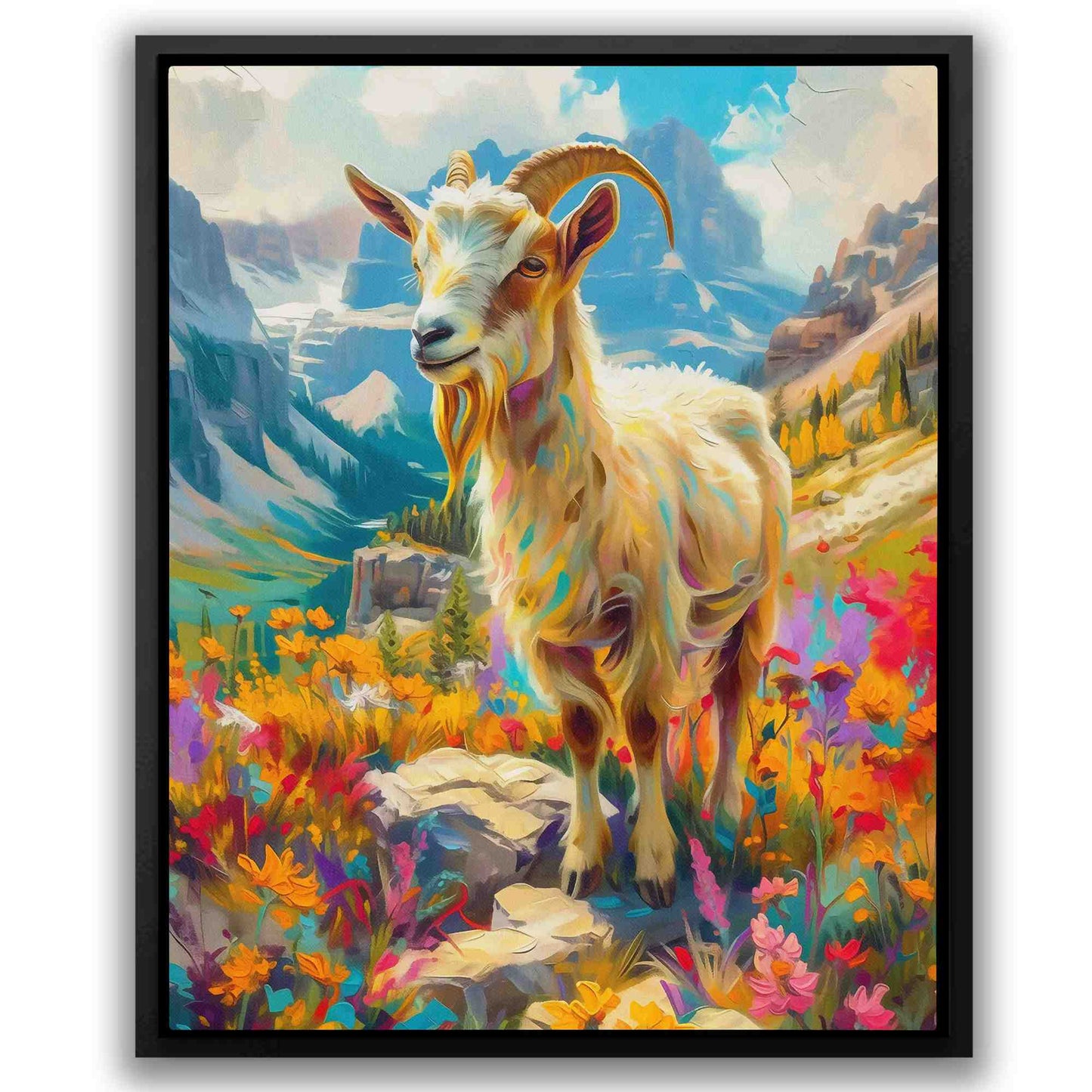Happy Mountain Goat - Floral Canvas Print