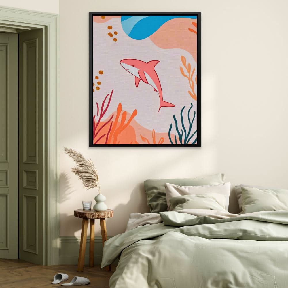 Happy Pink Shark - Contemporary Wall Art in Black Frame