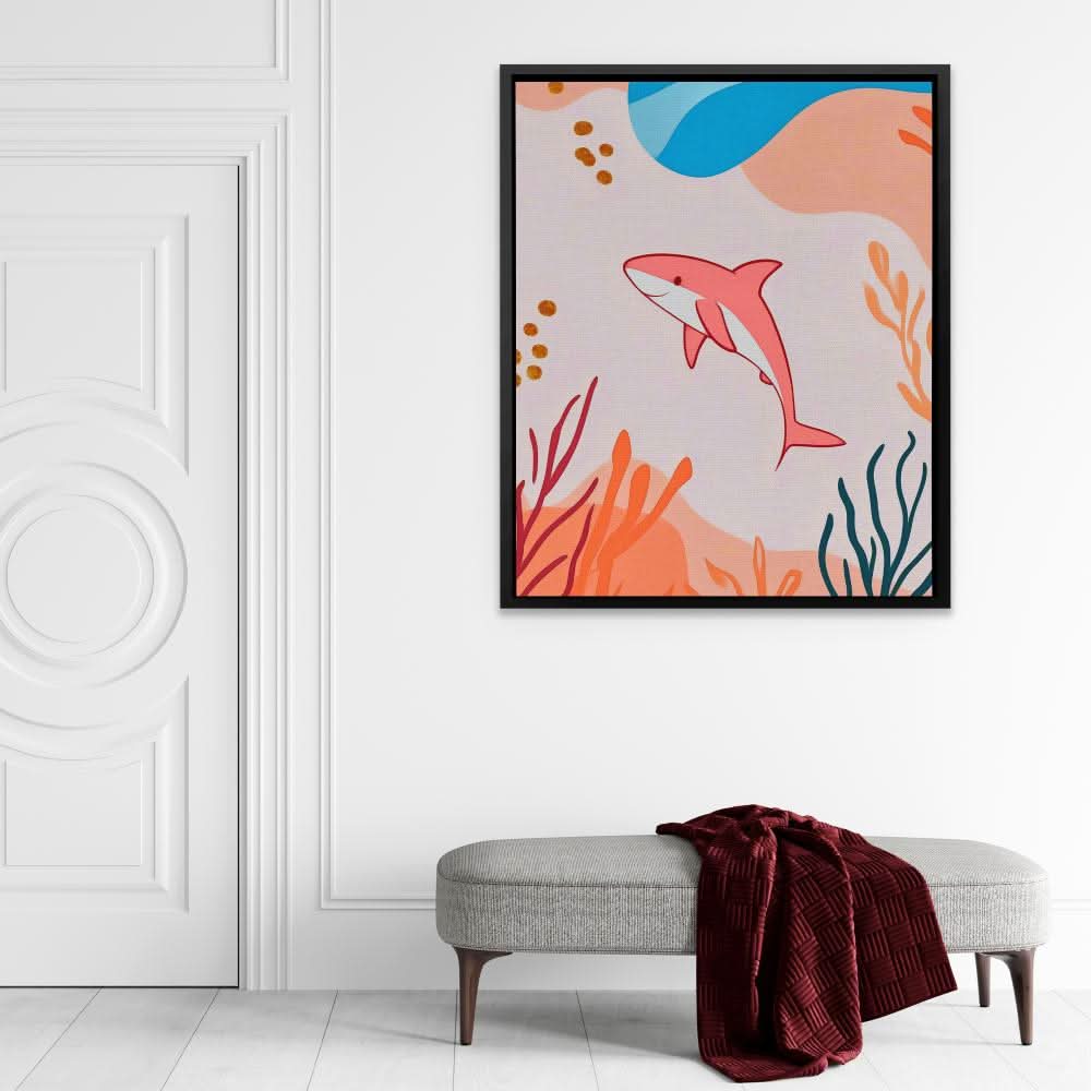 Happy Pink Shark - Coastal Wall Art in Black Frame