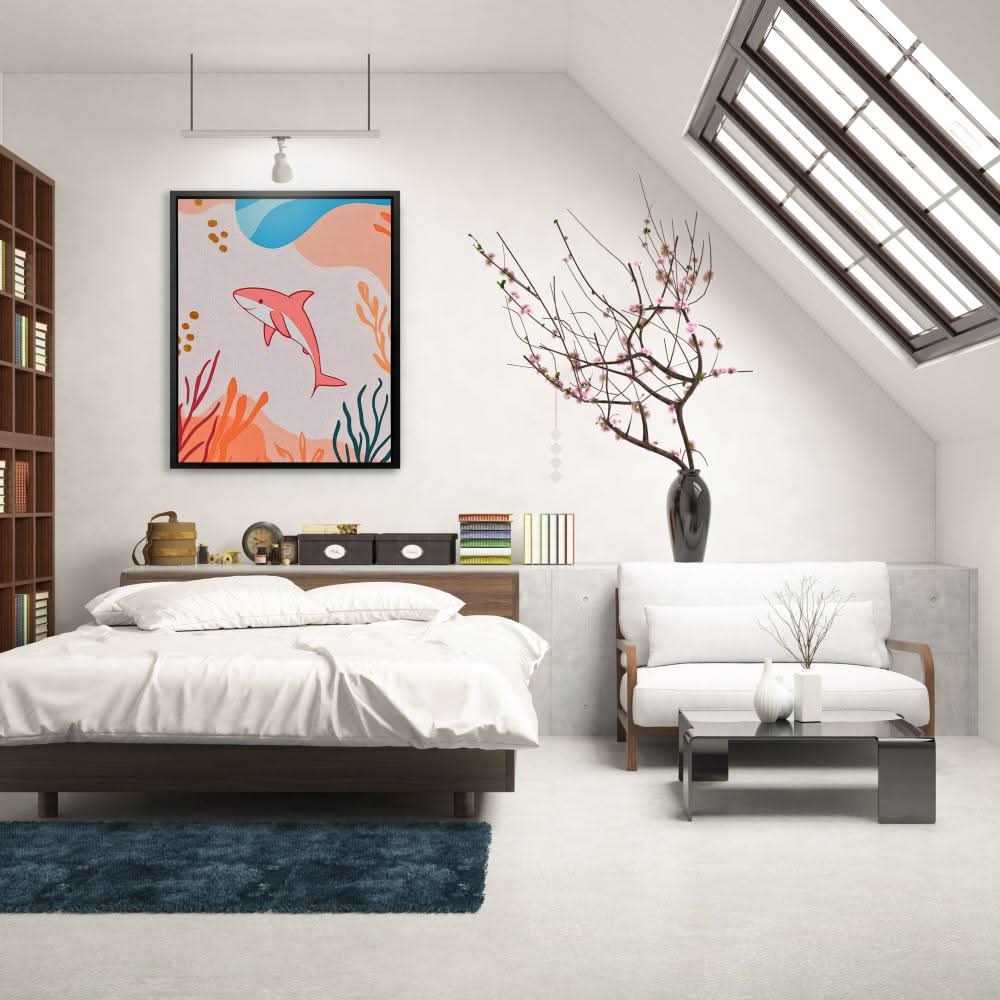 Happy Pink Shark - Blue Coastal Canvas Print