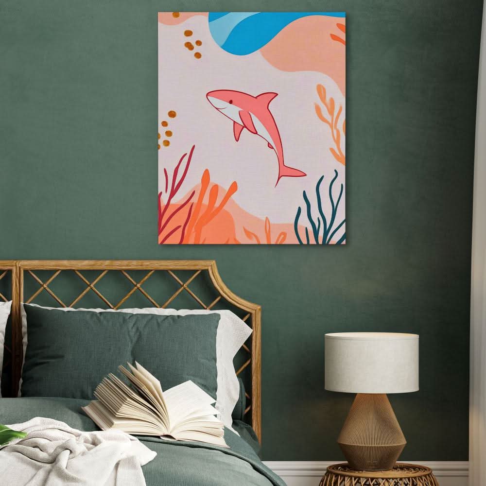 Happy Pink Shark - Minimalist Pink Canvas Wall Art