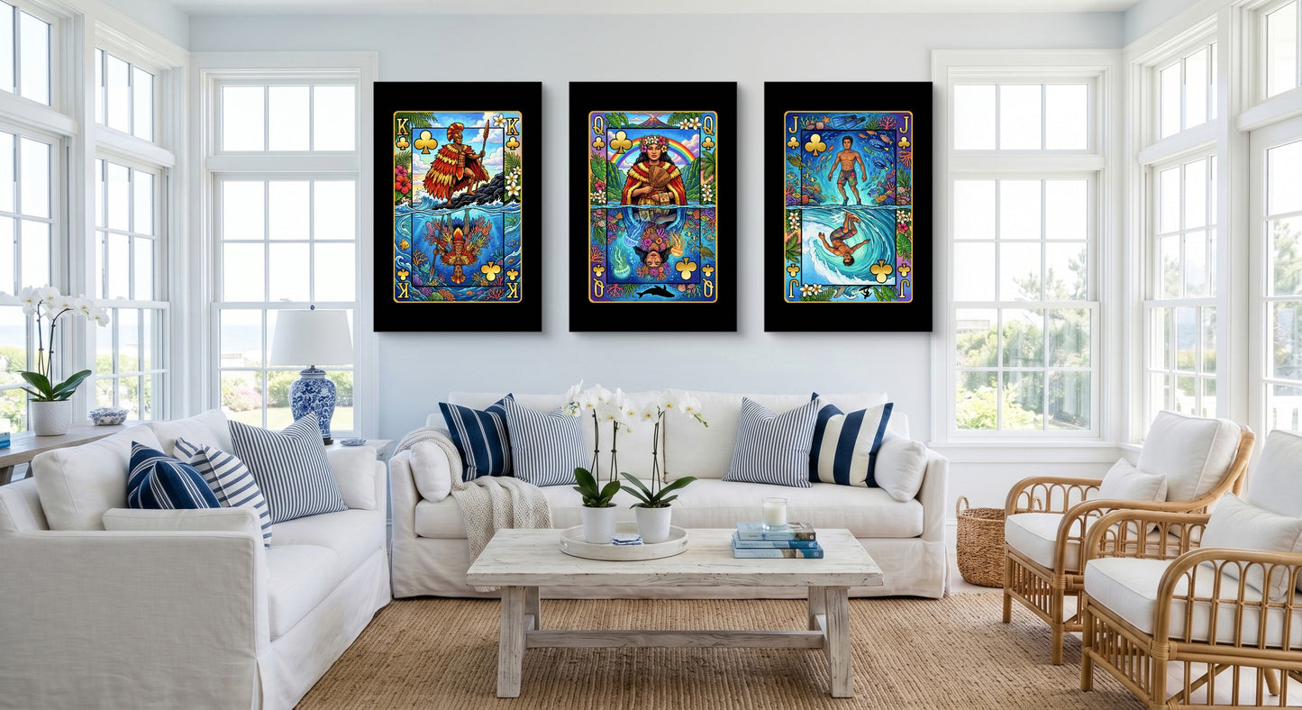 Hawaii Clubs King Queen Jack - 3 Piece Canvas Set gallery-wrap canvas in a room