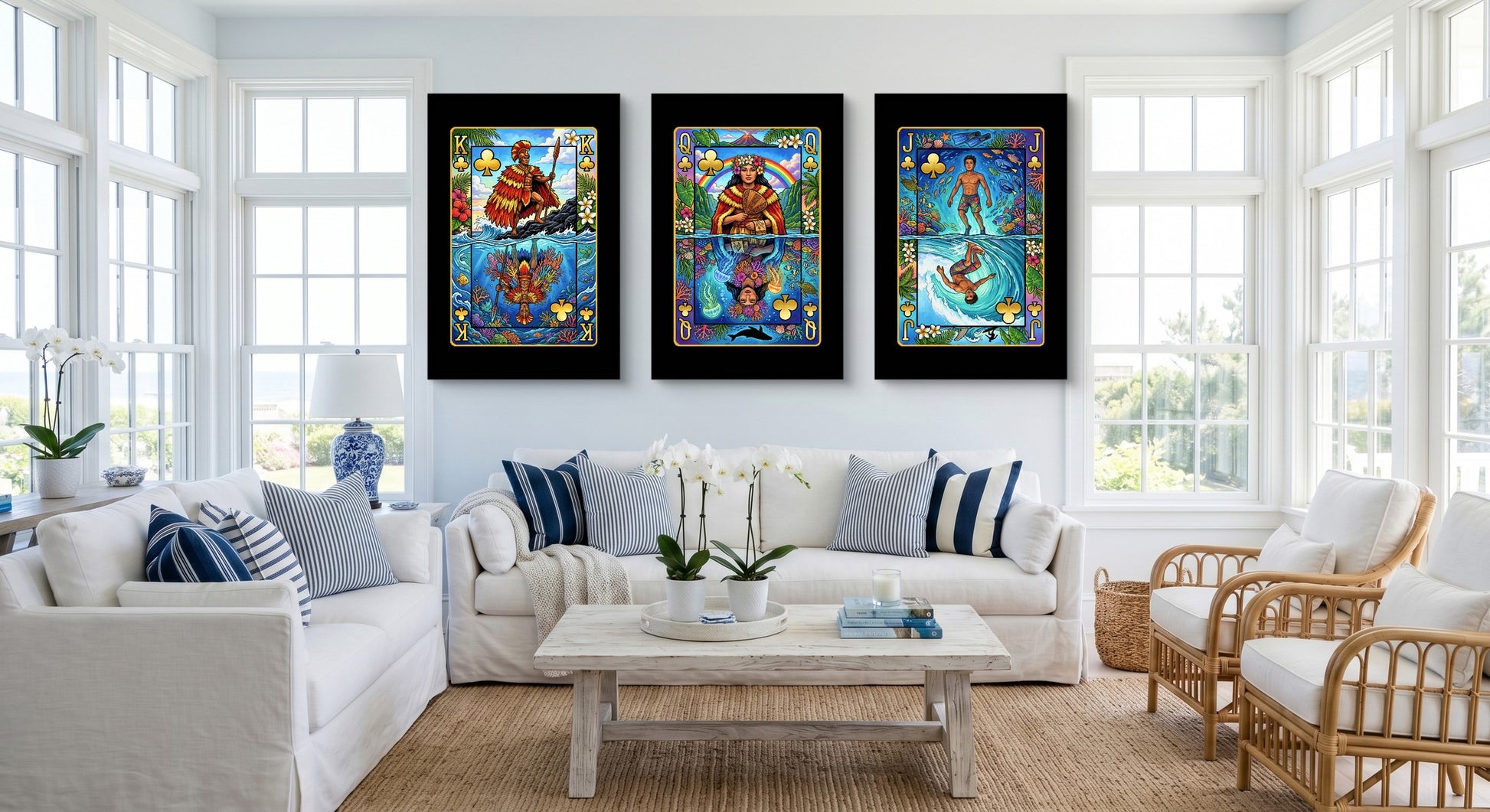 Hawaii Clubs King Queen Jack - 3 Piece Canvas Set gallery-wrap canvas in a room
