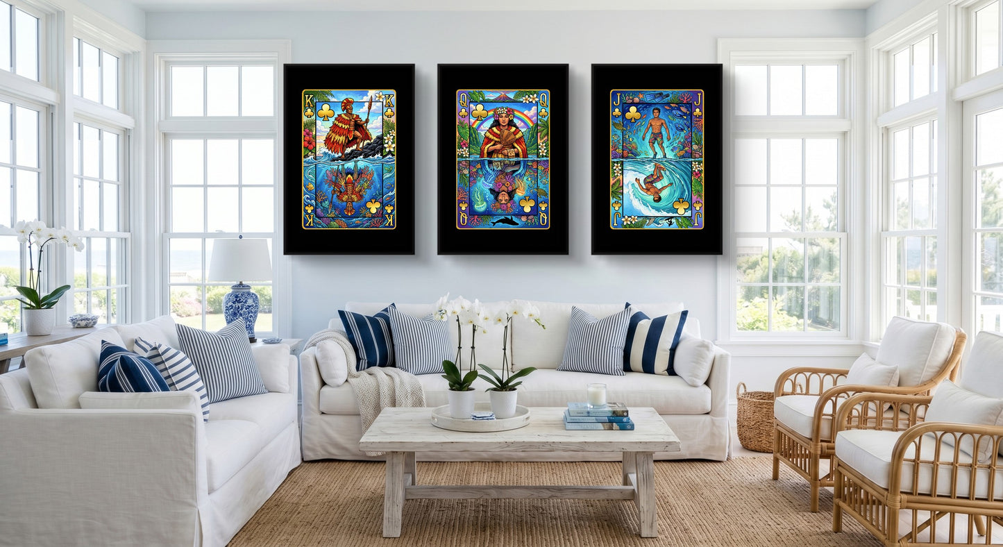 Hawaii Clubs King Queen Jack - 3 Piece Canvas Set black-framed canvas in a room