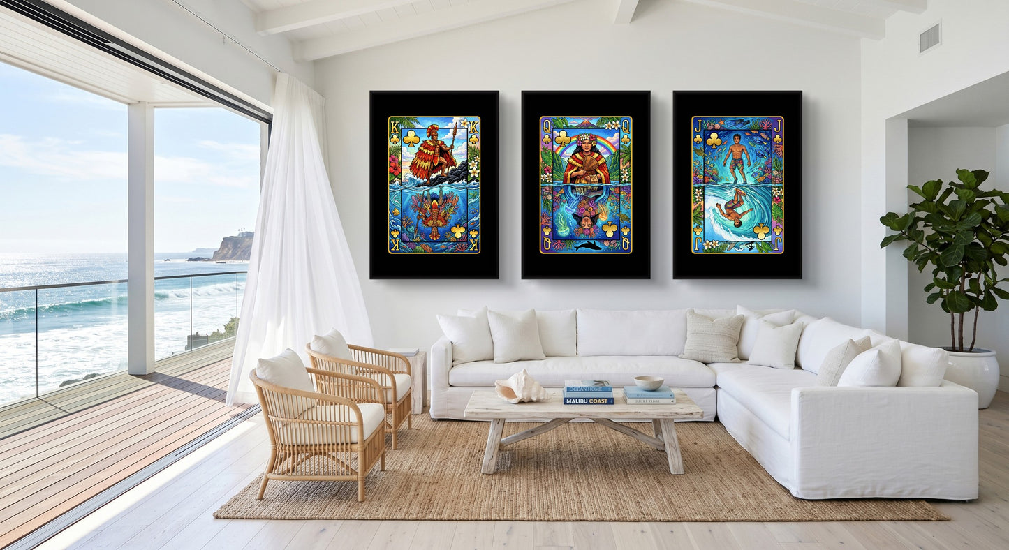 Hawaii Clubs King Queen Jack - 3 Piece Canvas Set black-framed canvas in a room