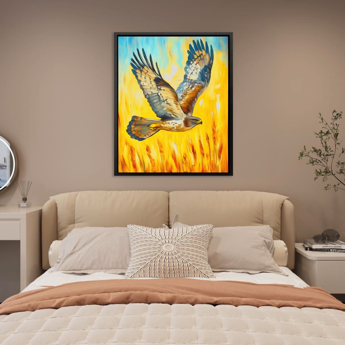 Hawk’s Sunset Flight - Bird Wall Art in Black Frame