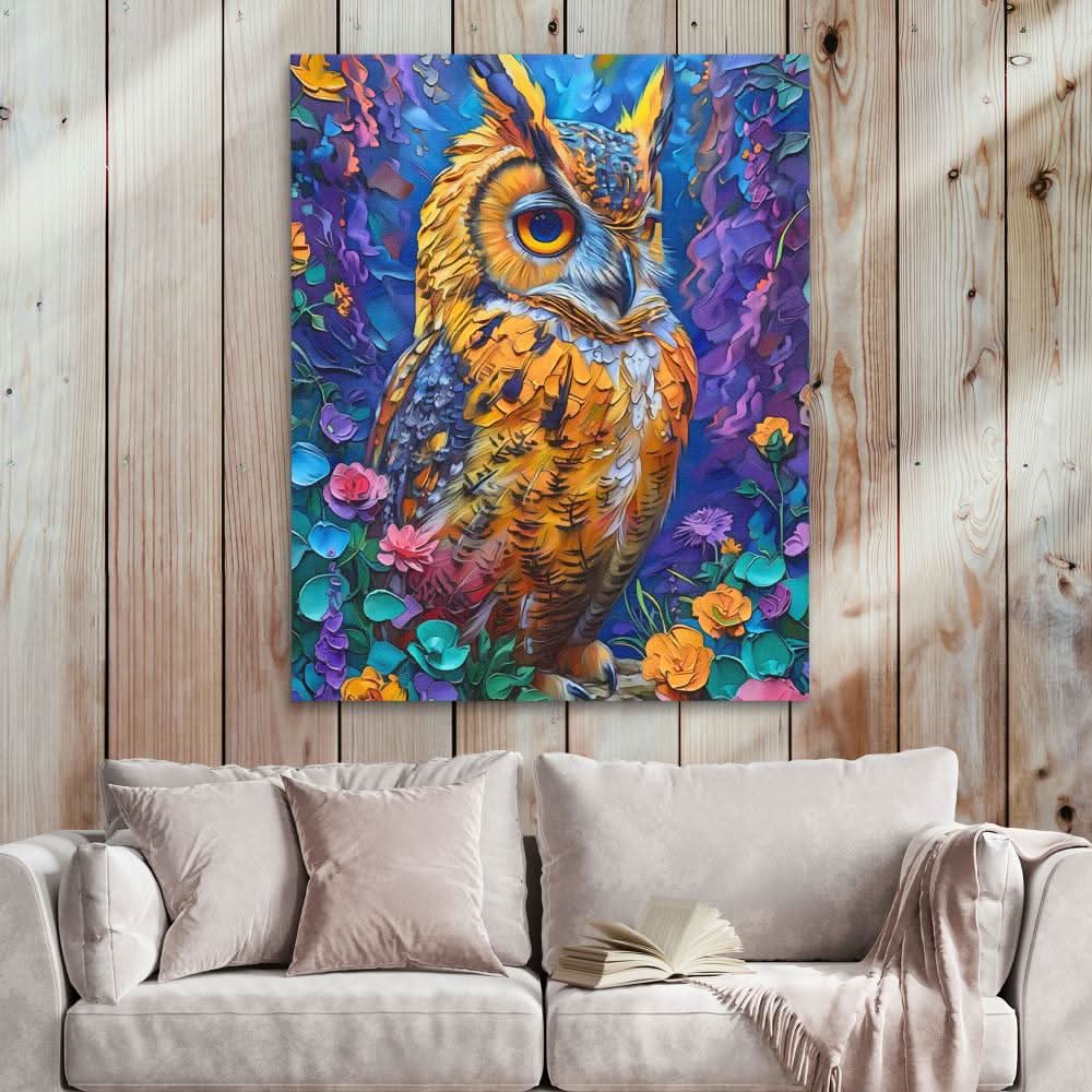 Heavenly Hues Owl - Bird Wall Art in Black Frame