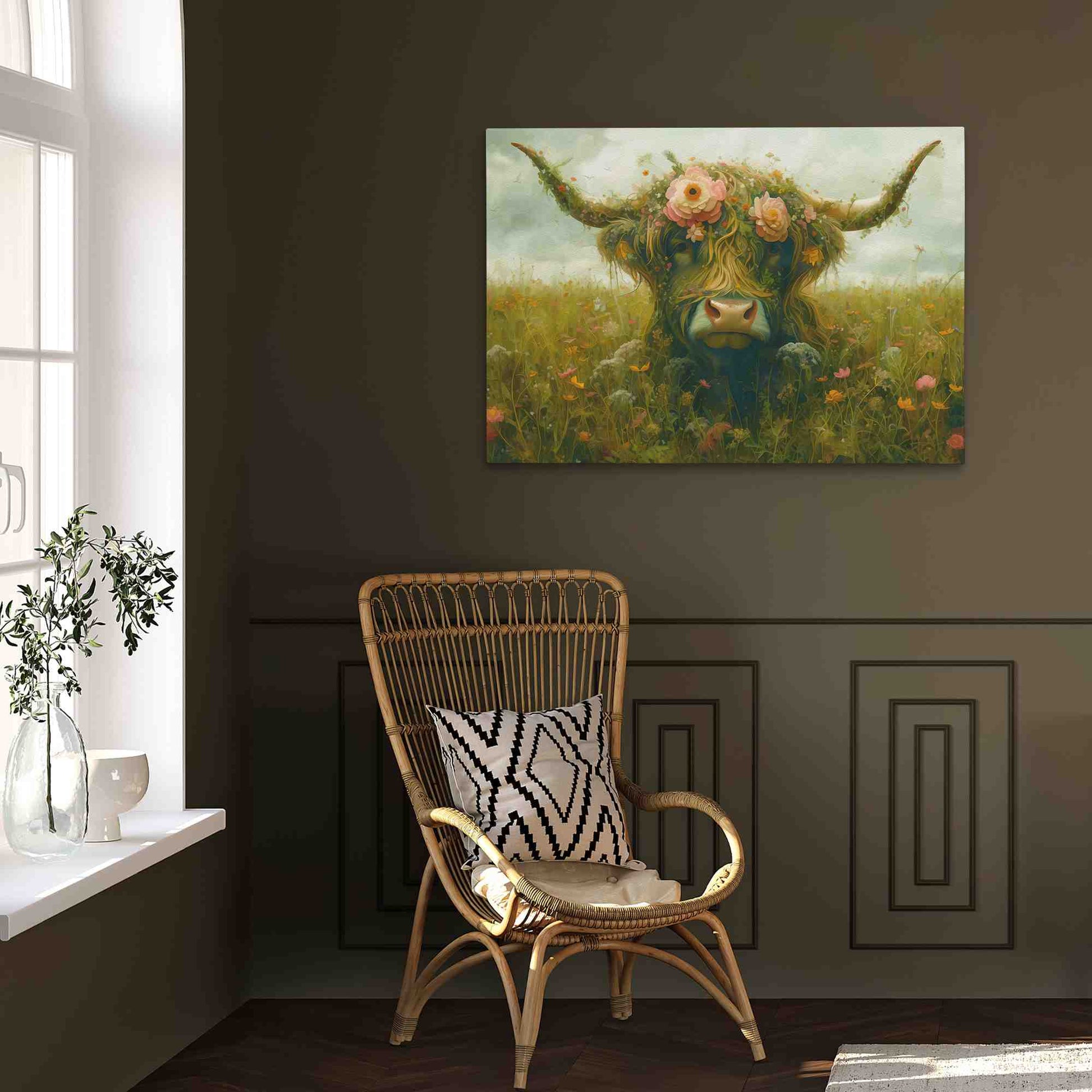 Highland Gaze - Bull Wall Art in Black Frame