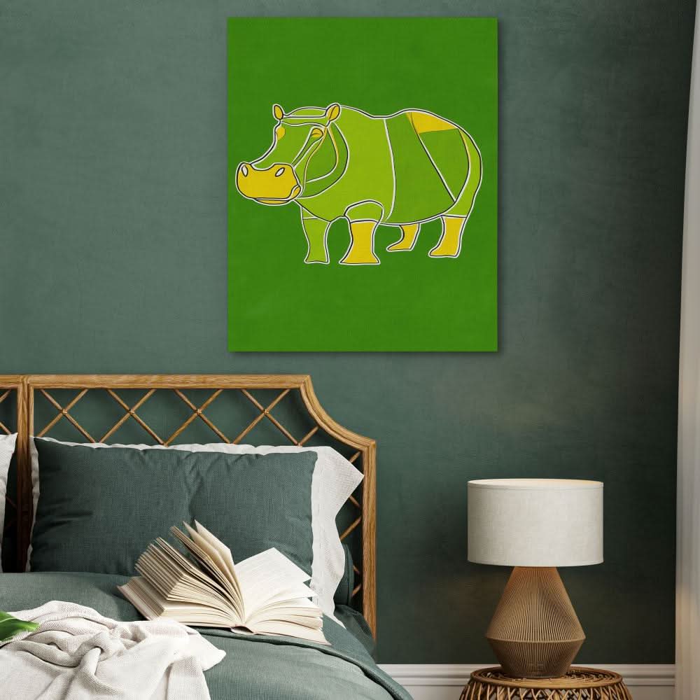 Hippo Doodle - Contemporary Green Canvas Wall Art