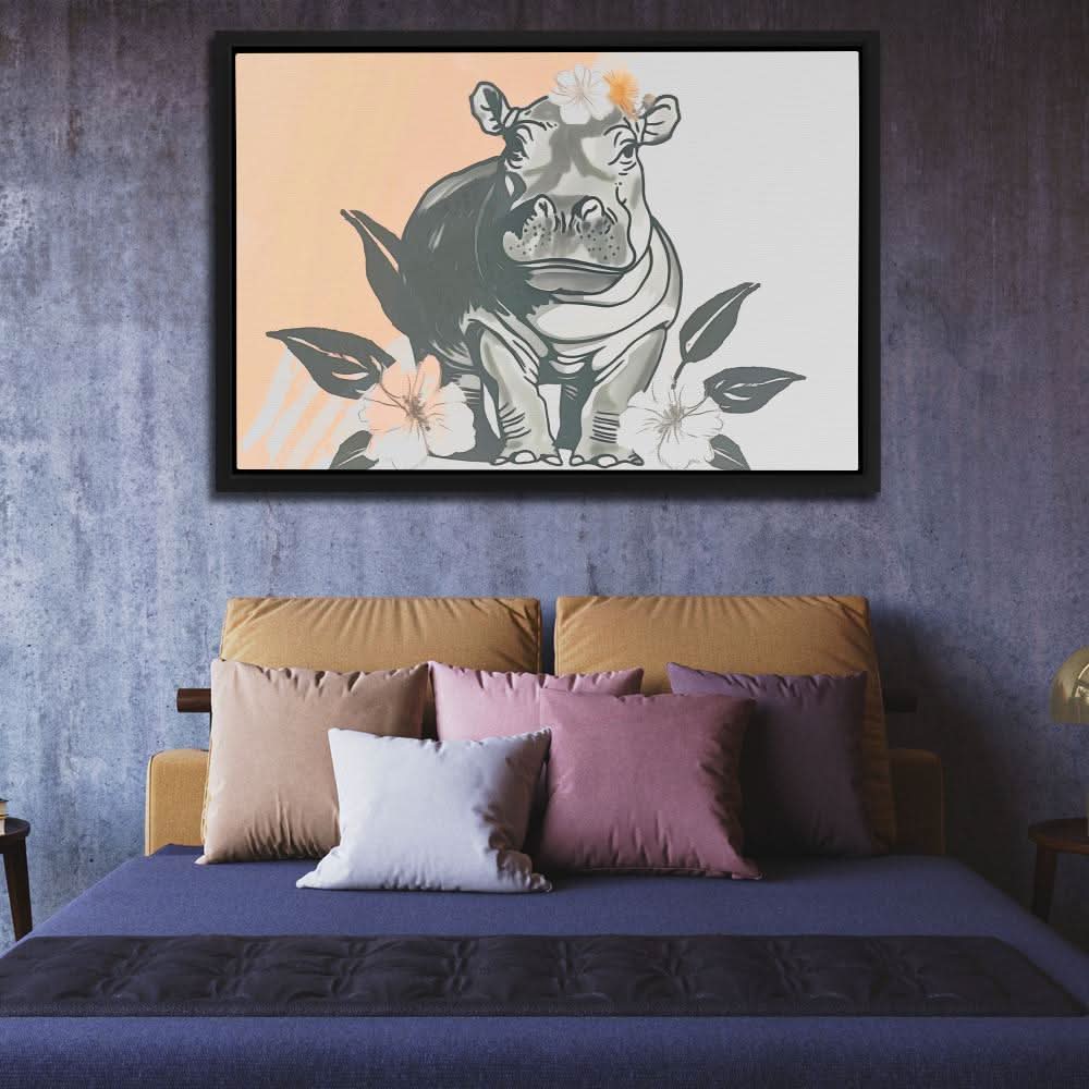 Hippo Flower Dance - Baby Animal Wall Art in Black Frame