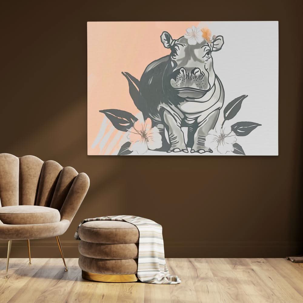 Hippo Flower Dance - Pastel Wall Art for Hallway