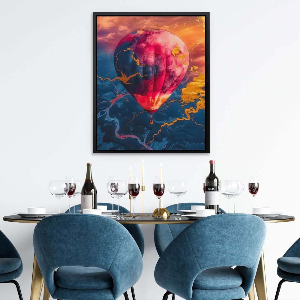 Hot Pink Air Balloon - Surrealism Gold Canvas Wall Art