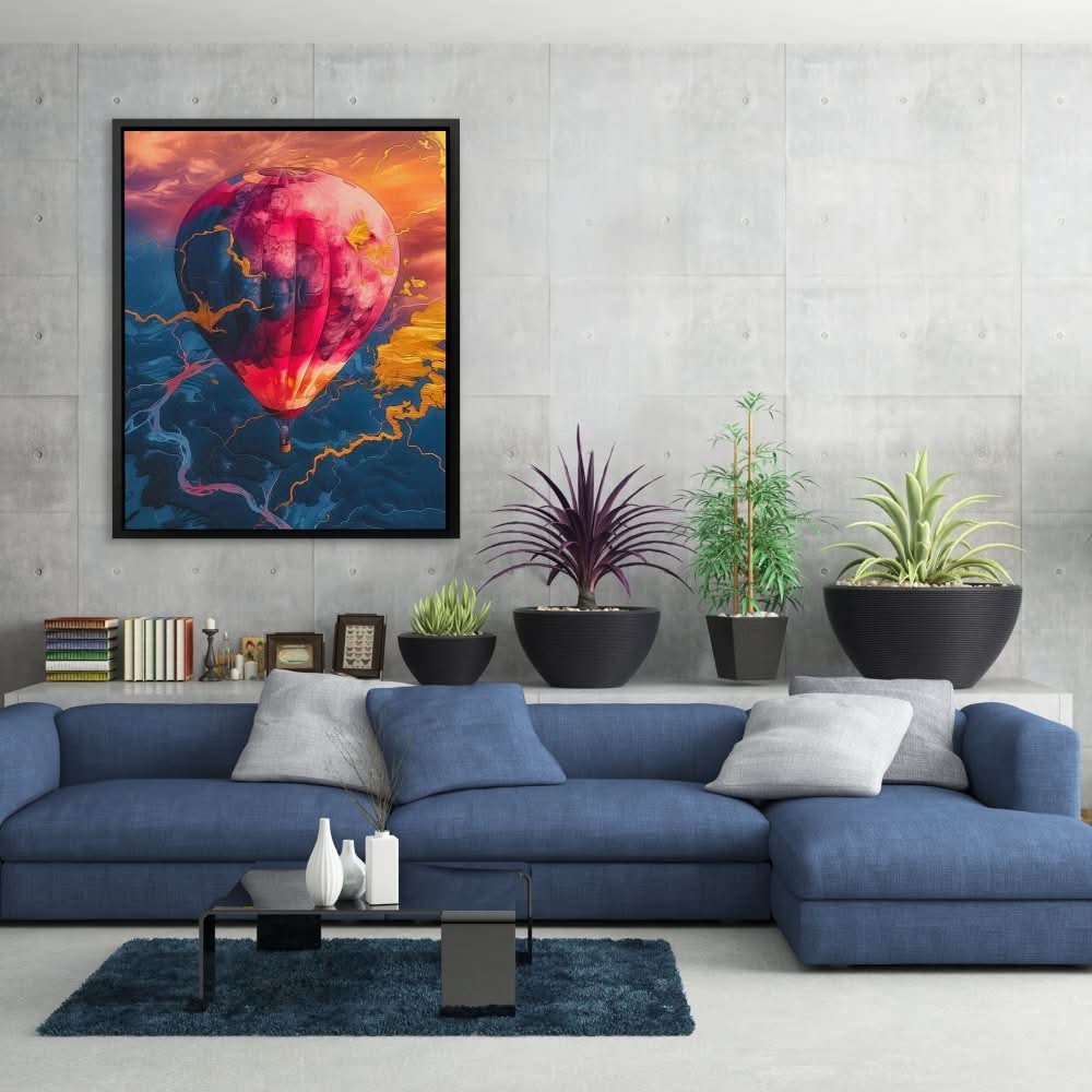 Hot Pink Air Balloon - Hot Air Balloon Wall Art in Black Frame