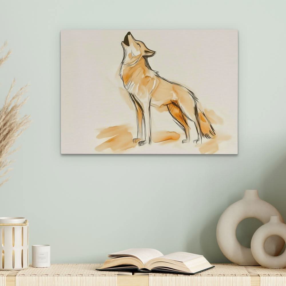 Howling Beige Wolf - Beige Line Art Canvas Print